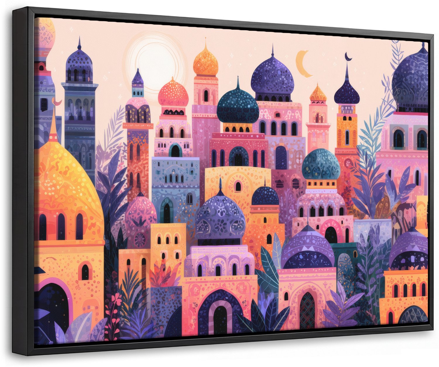 Canvas Schilderij met Baklijst 30x20cm - Kleurrijke stad - Zon - Islamitisch - Muurdecoratie woonkamer - Slaapkamer decoratie - Kamer accessoires - Schilderijen op canvas met lijst