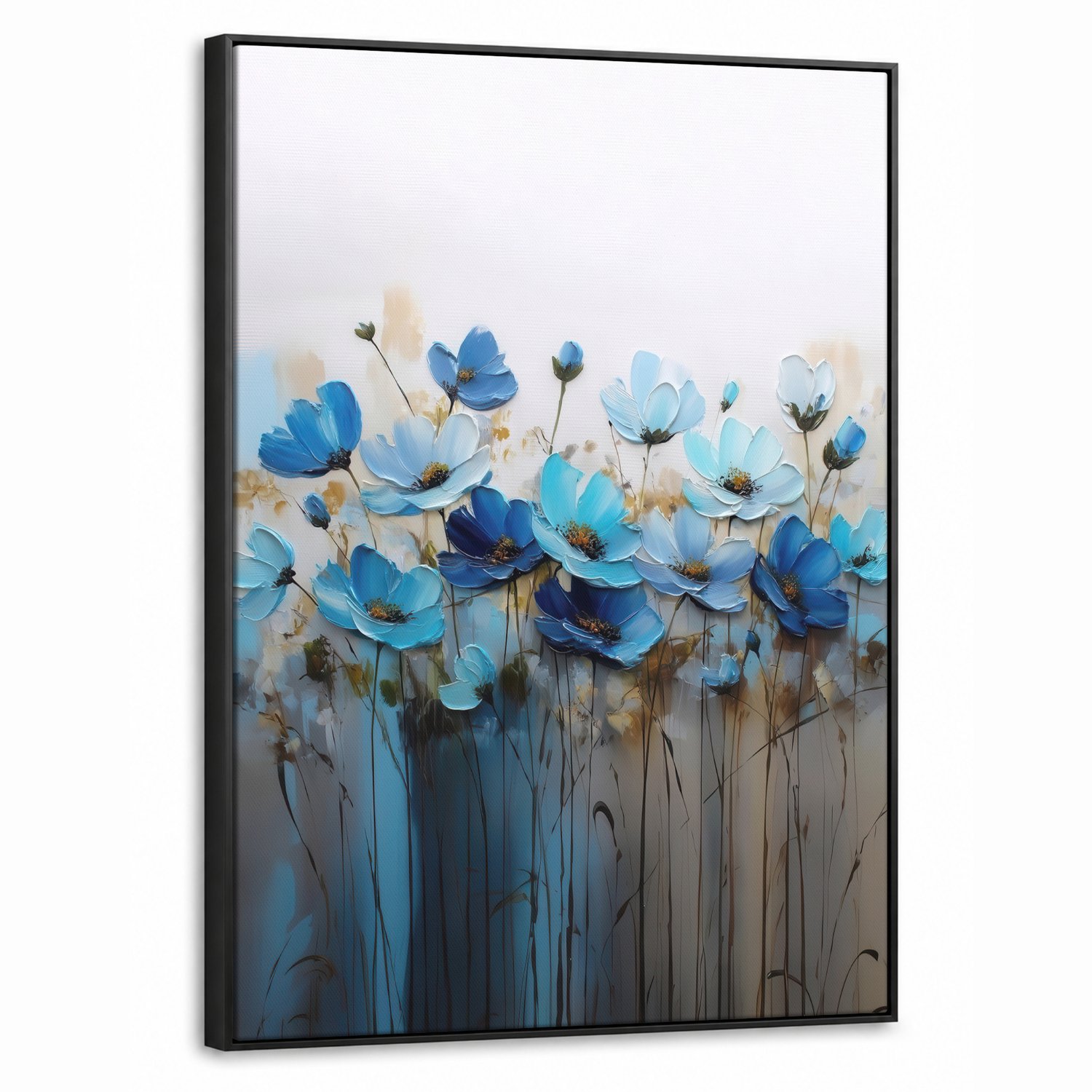 Canvas Schilderij met Baklijst 60x80cm - Bloemen - Schilderij - Blauw - Muurdecoratie woonkamer - Slaapkamer decoratie - Kamer accessoires - Schilderijen op canvas met lijst
