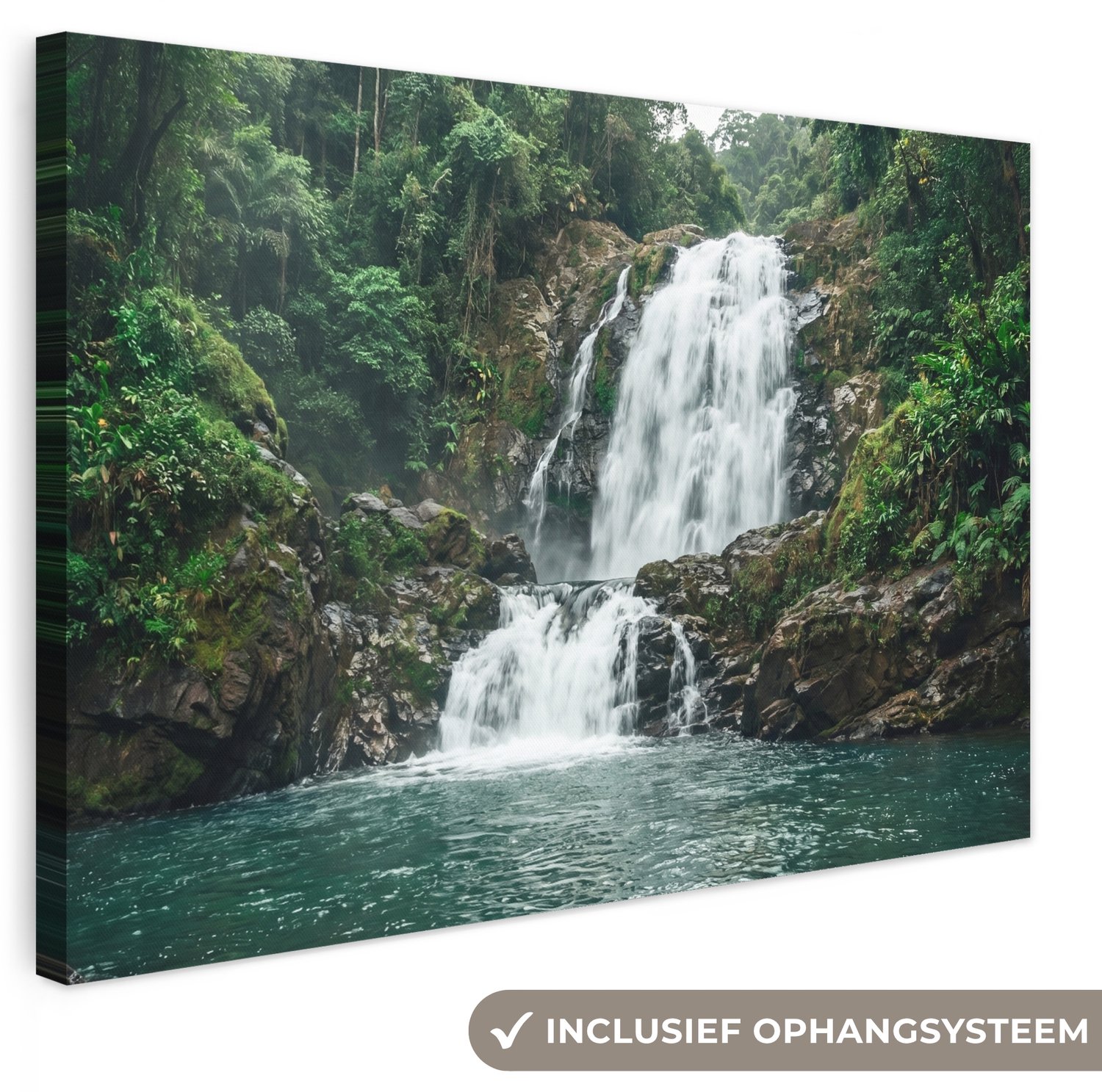 Canvas schilderij 90x60 cm - Exclusieve wanddecoratie Waterval - Bos - Natuur - Groen - Muurdecoratie woonkamer - Slaapkamer decoratie - Kamer accessoires - Schilderijen op canvas