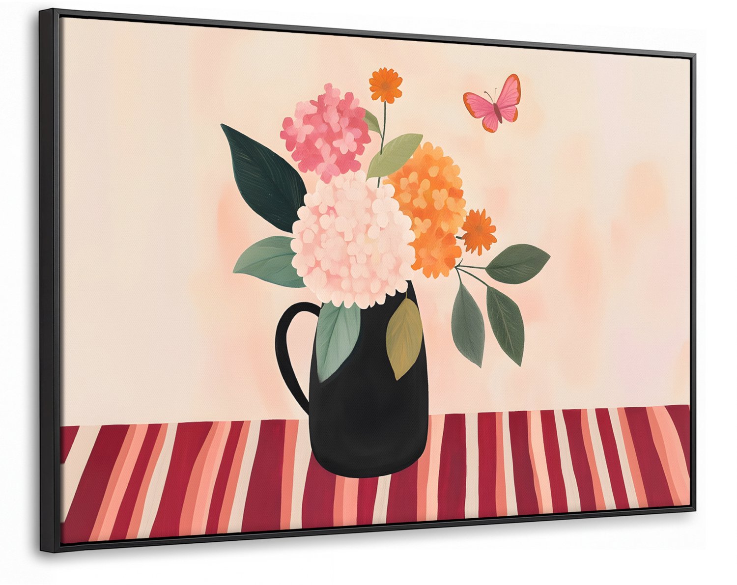 Canvas Schilderij met Baklijst 90x60cm - Vaas - Bloemen - Vlinder - Rood - Muurdecoratie woonkamer - Slaapkamer decoratie - Kamer accessoires - Schilderijen op canvas met lijst