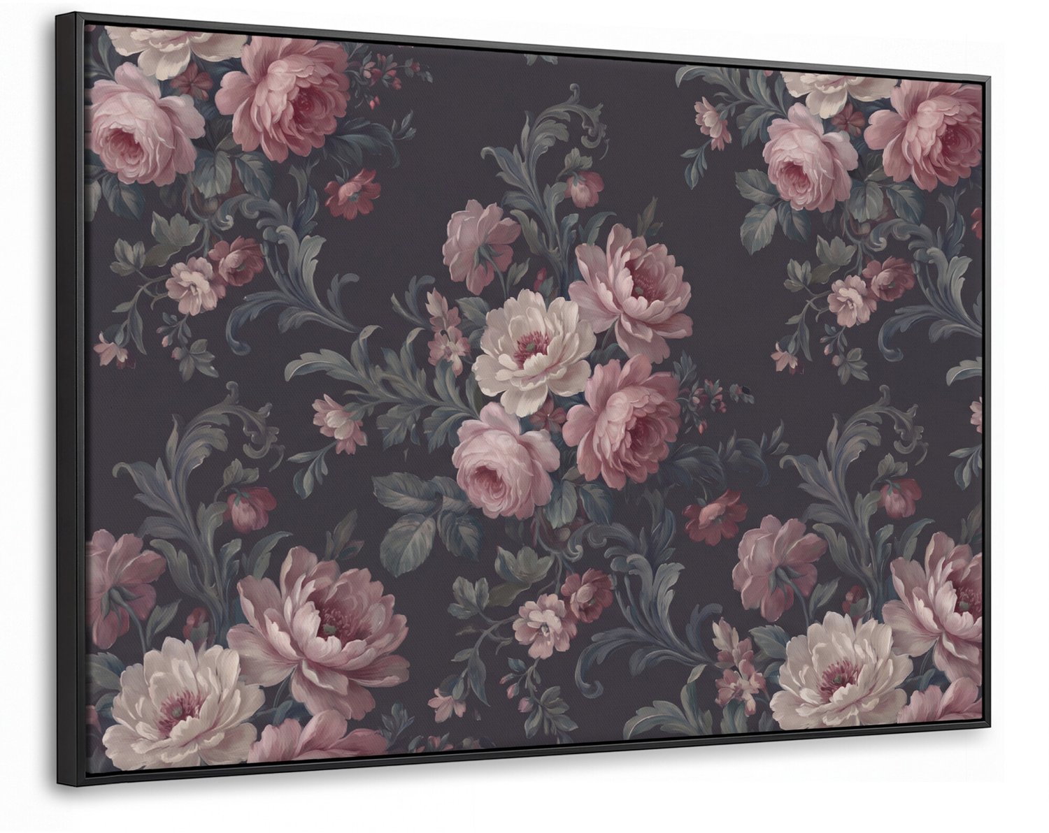 Canvas Schilderij met Baklijst 90x60cm - Bloemen - Patroon - Sierlijk - Roze - Donker - Muurdecoratie woonkamer - Slaapkamer decoratie - Kamer accessoires - Schilderijen op canvas met lijst