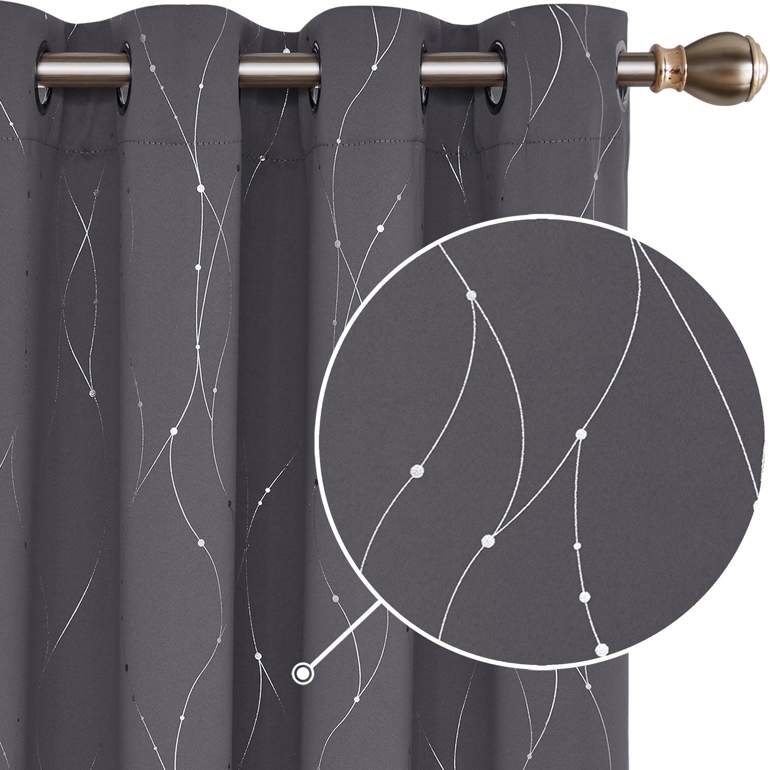 Famanu Verduisterende gordijnen met zilveren stippen en strepen, thermisch met ringen, set van 2 stuks, 168x229 cm, donkergrijs, geschikt voor woonkamer en slaapkamer
