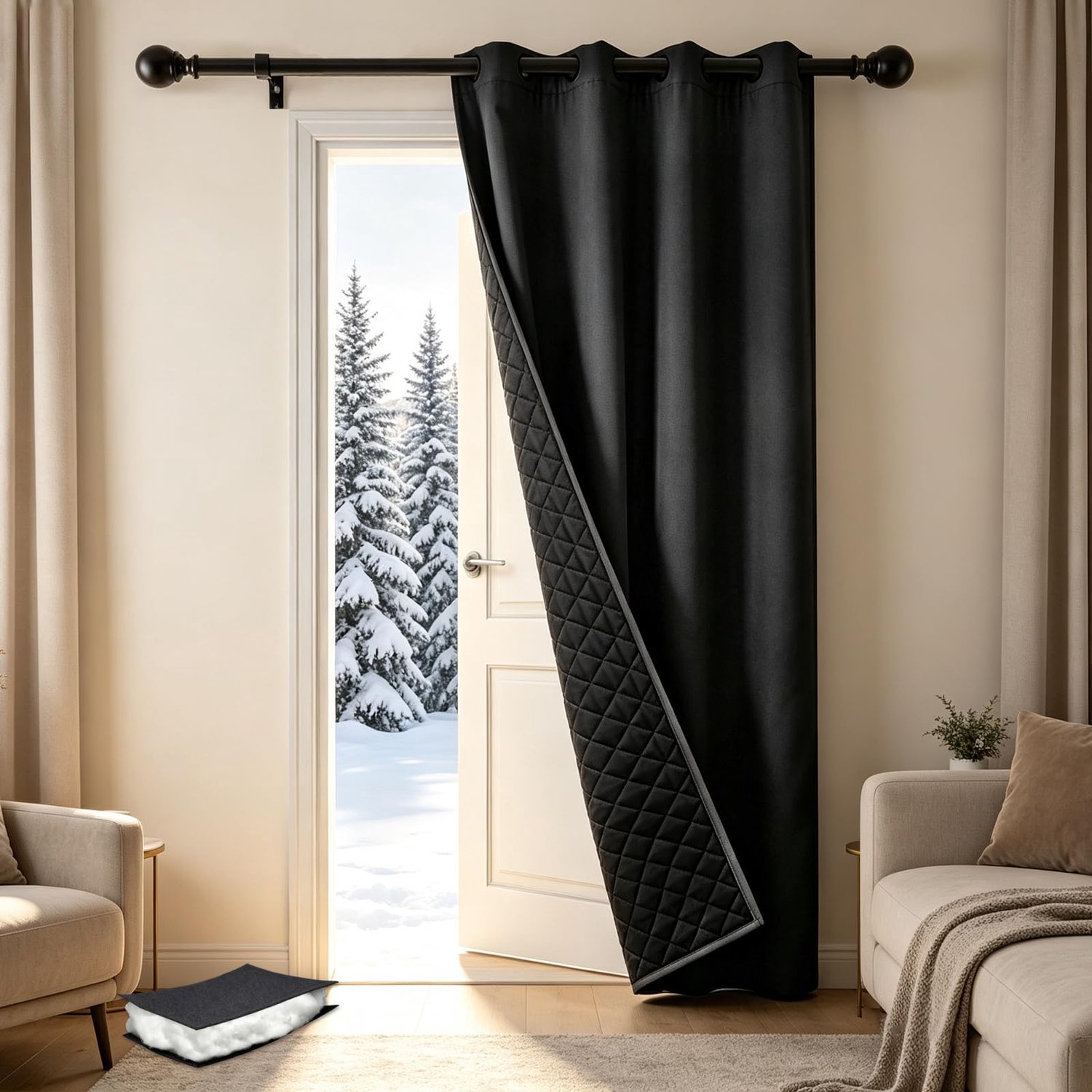 Famanu Thermogordijn voor koudebescherming, deurgordijn van 405 g/m², warmte-isolatie en volledige verduistering, ideaal voor slaapkamers en woonkamers met energiebesparende eigenschappen Zwart