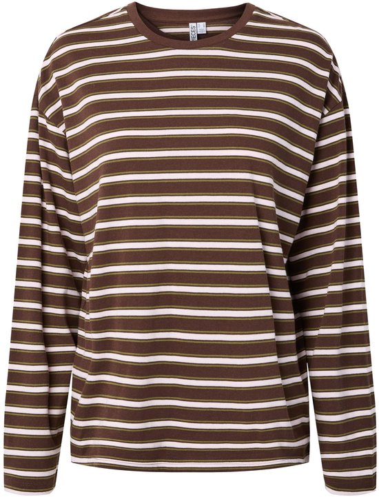 Bruin en wit gestreept longsleeve shirt met ronde hals.