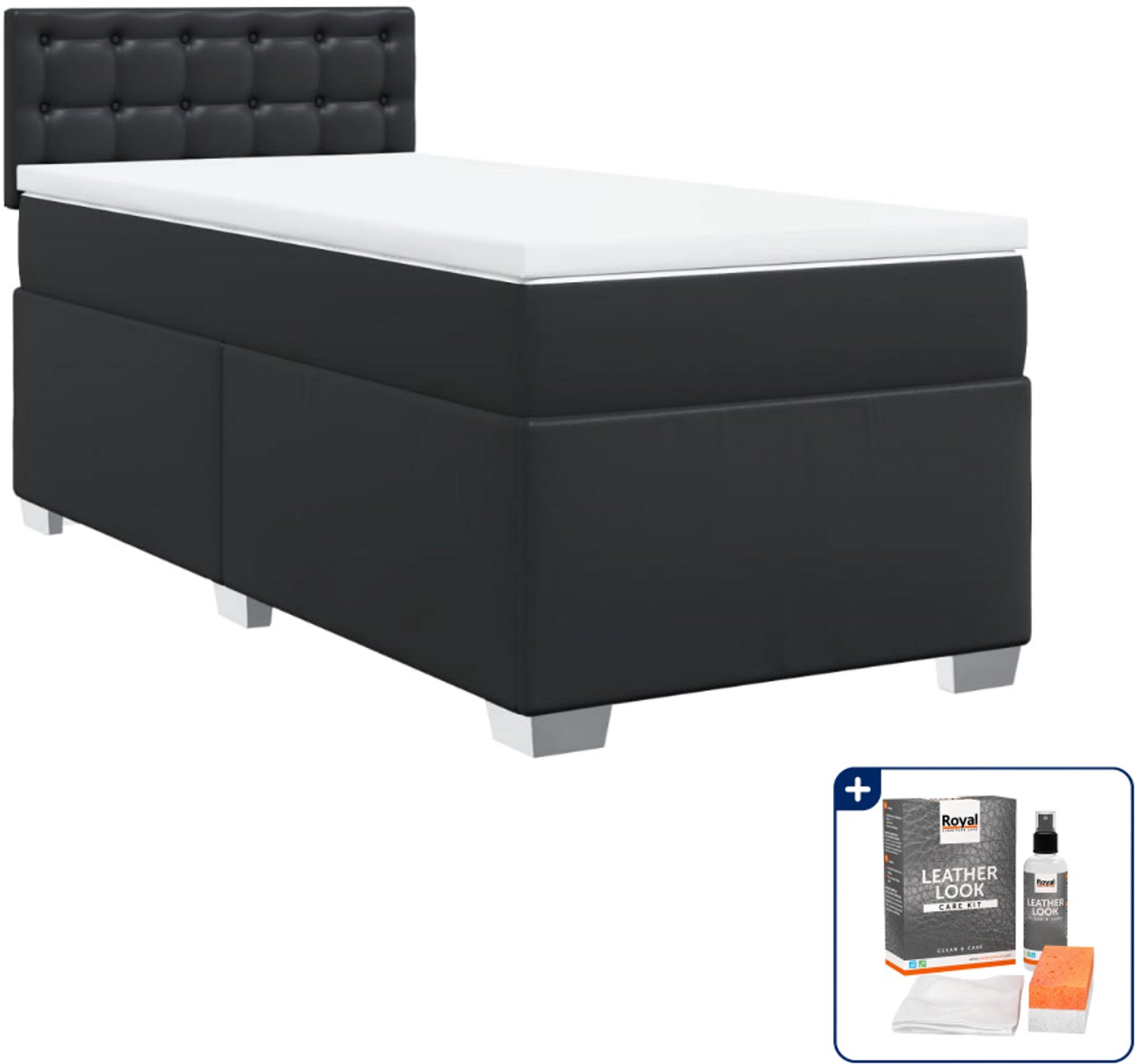 vidaXL boxspring met matras - 90 x 200 cm - kunstleer - zwart - Inclusief onderhoudsset voor kunstleer 150 ml