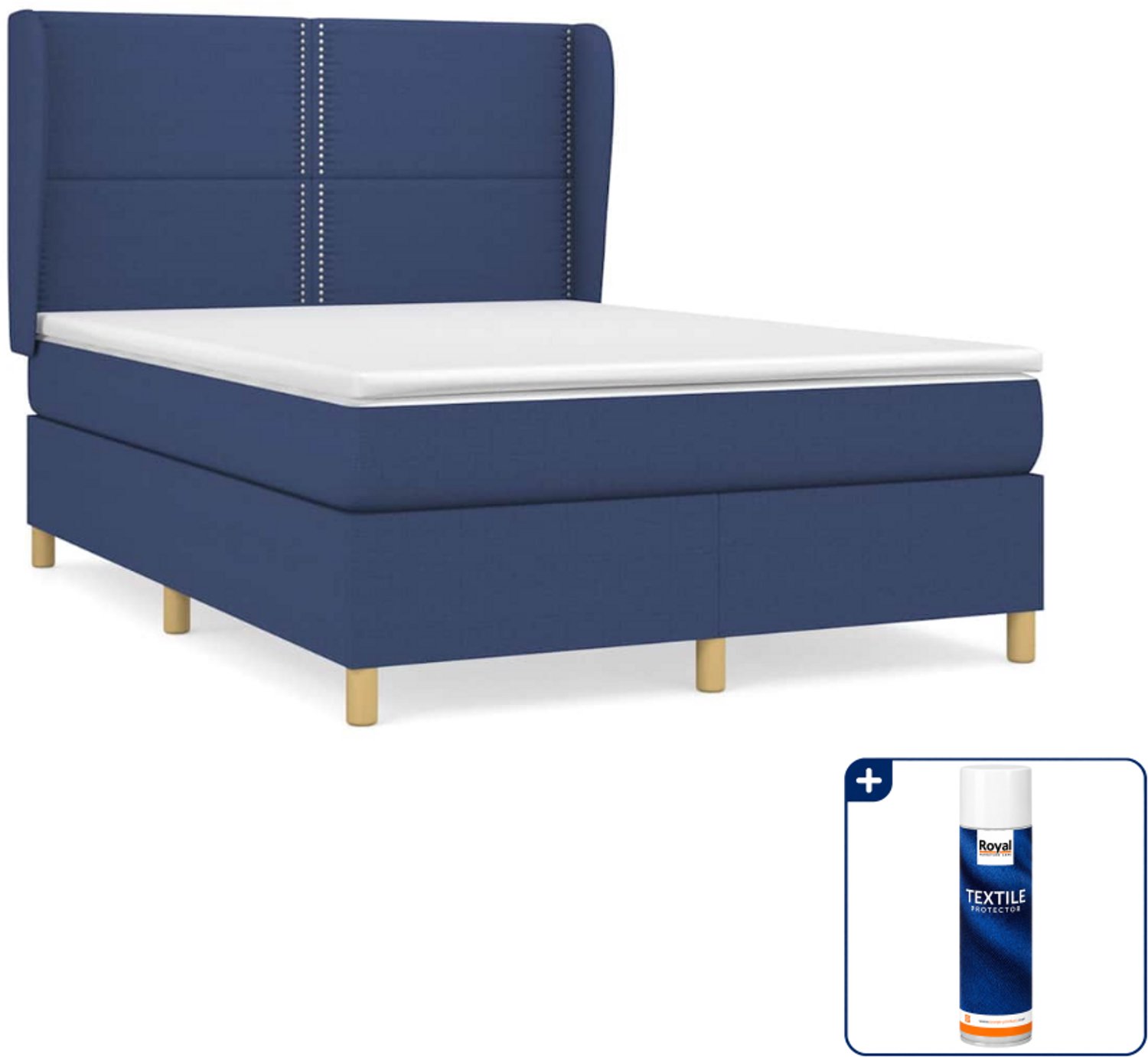 vidaXL boxspring met matras - 140 x 190 cm - stof - blauw - Inclusief textielbeschermer 500 ml
