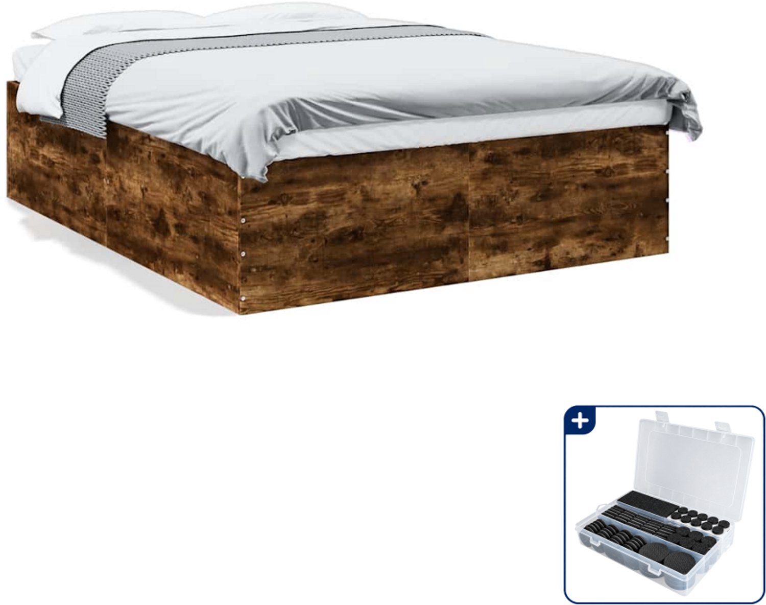 vidaXL bedframe - 150 x 200 cm - bewerkt hout - gerookt eiken - Inclusief antikrasvilt 177-delig Bruin