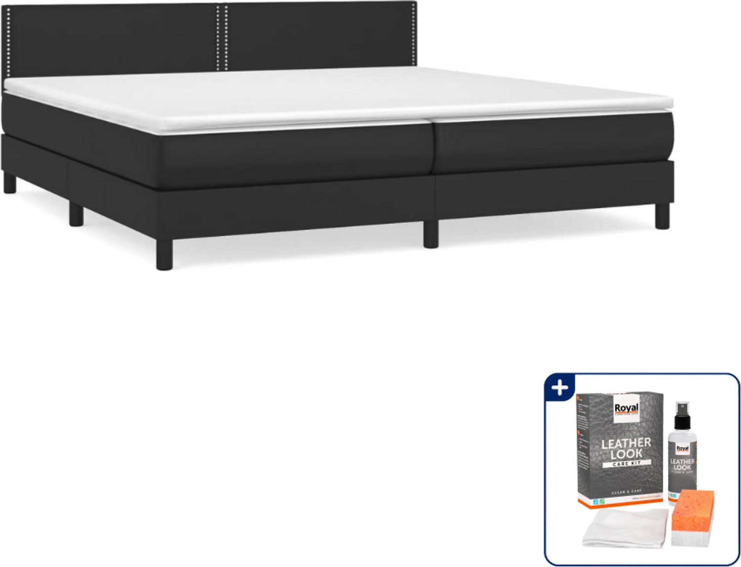 vidaXL boxspring met matras - Super kingsize - 200 x 200 cm - zwart - Inclusief onderhoudsset voor kunstleer 150 ml