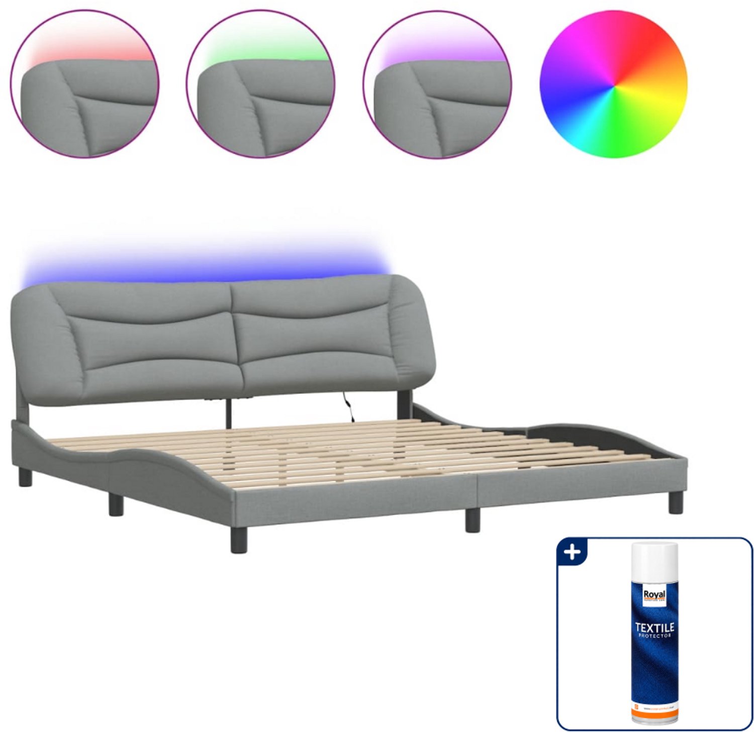 vidaXL Hvar bedframe met LED - 200 x 200 cm - lichtgrijs - Inclusief textielbeschermer 500 ml Bruin