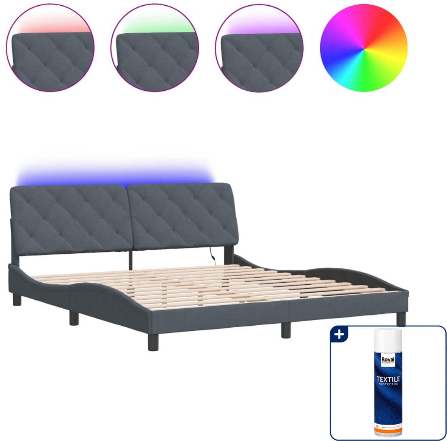 vidaXL bedframe met LED - Kingsize - 180 x 200 cm - donkergrijs - Inclusief textielbeschermer 500 ml