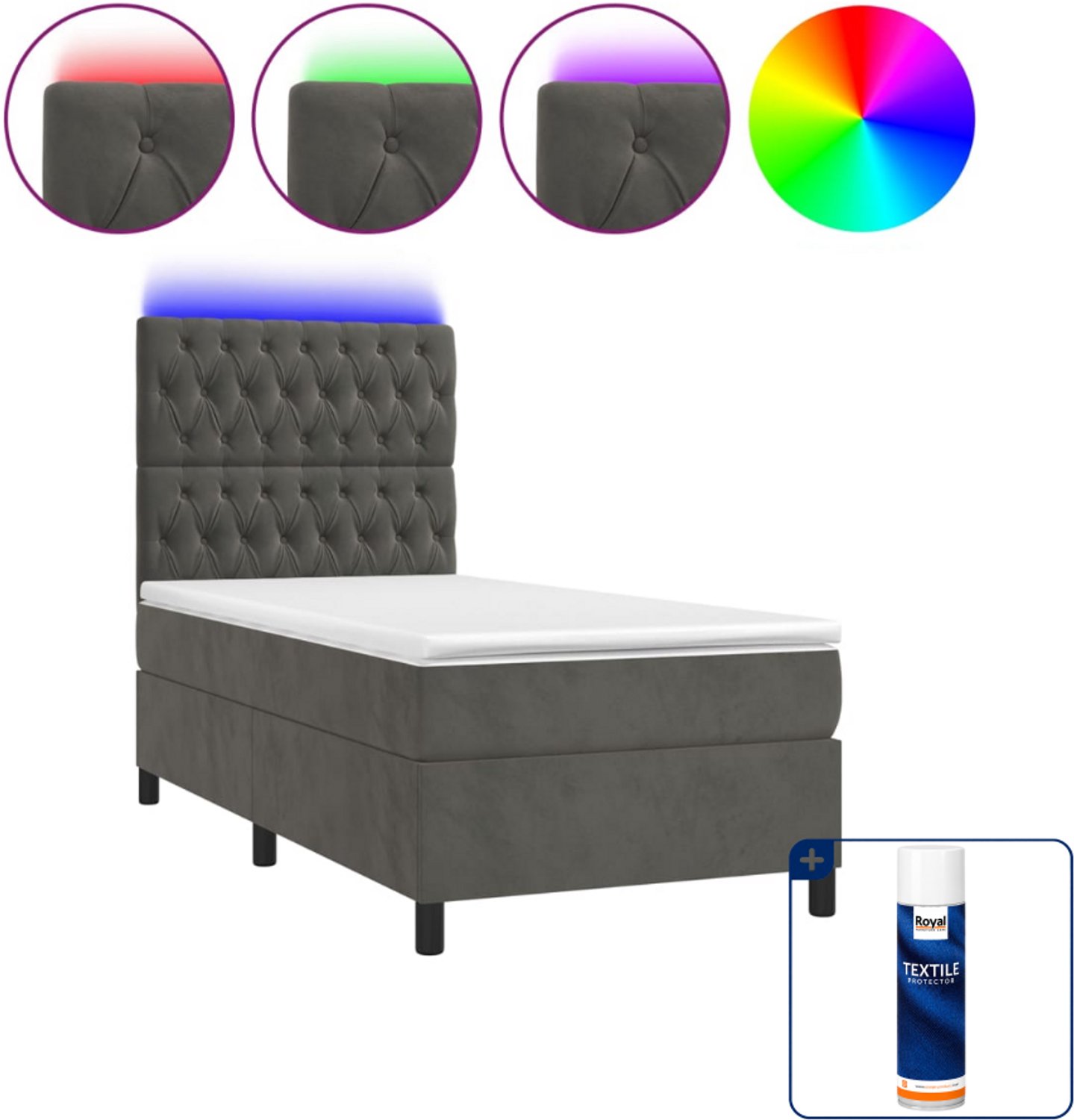 vidaXL boxspring met matras en LED - 80 x 200 cm - fluweel - donkergrijs - Inclusief textielbeschermer 500 ml