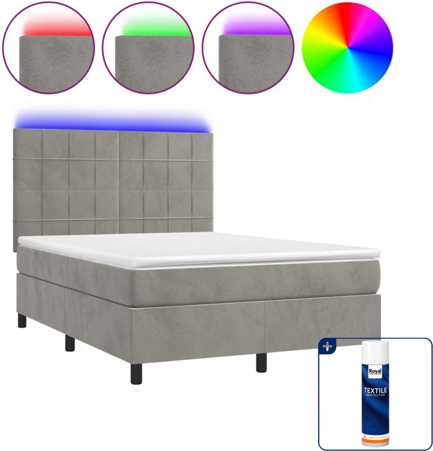 vidaXL boxspring met matras en led - 140 x 190 cm - fluweel - lichtgrijs - Inclusief textielbeschermer 500 ml