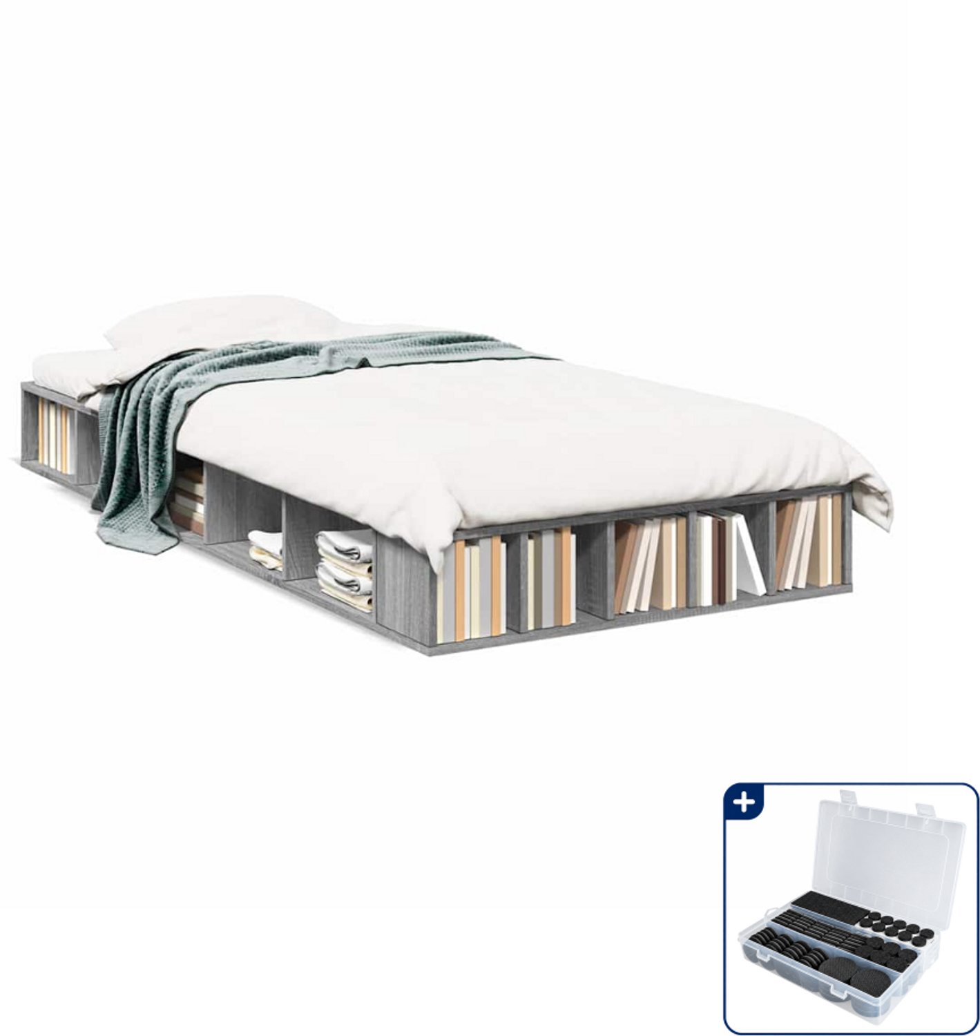 vidaXL bedframe - 90 x 200 cm - bewerkt hout - grijs sonoma eiken - Inclusief antikrasvilt 177-delig Bruin