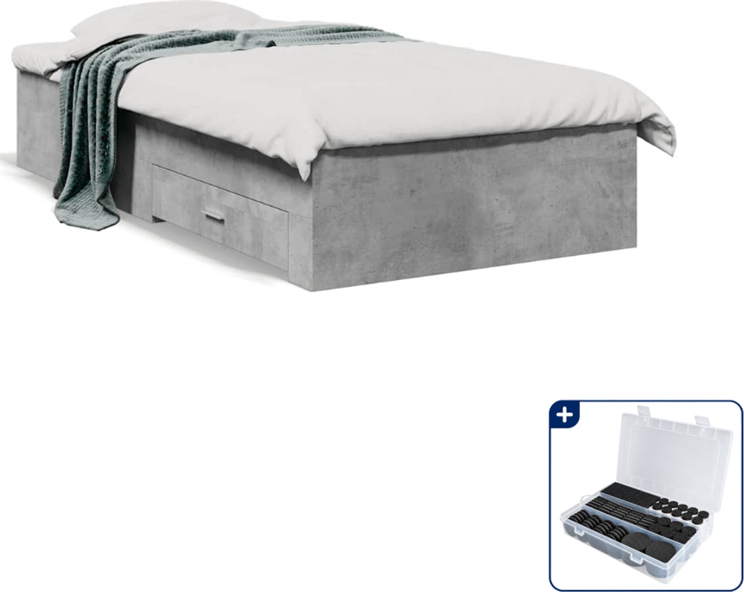 vidaXL bedframe 90 x 190 cm - bewerkt hout - betongrijs - Inclusief antikrasvilt 177-delig Zwart