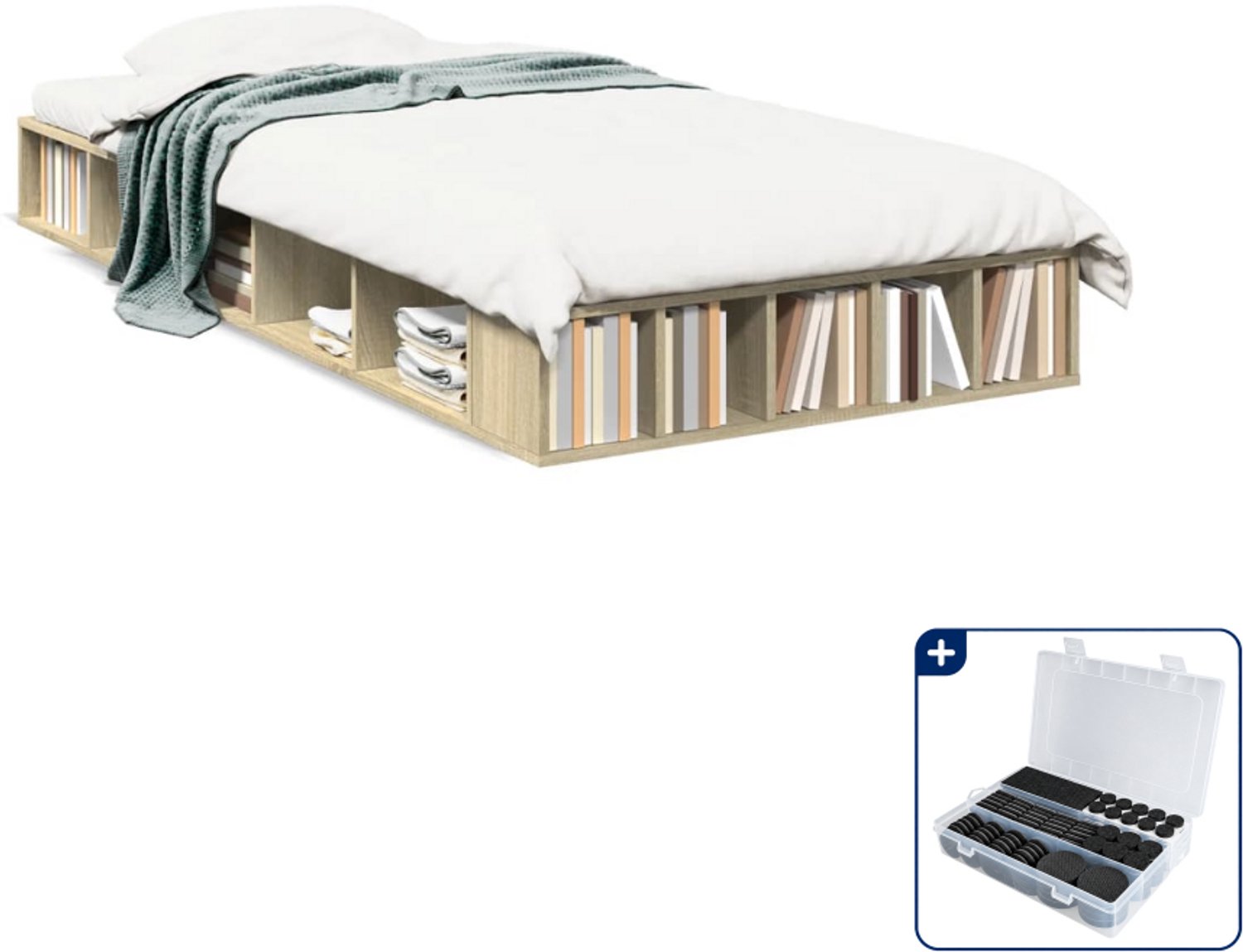 vidaXL bedframe - 75 x 190 cm - bewerkt hout - sonoma eiken - Inclusief antikrasvilt 177-delig Bruin