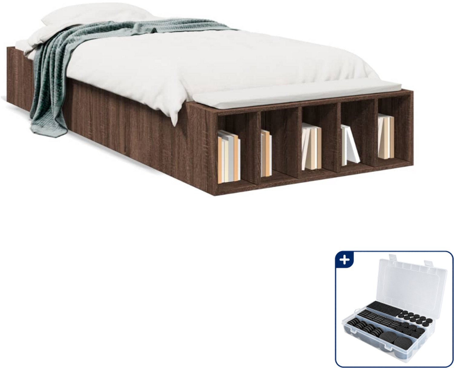 vidaXL bedframe - 100 x 200 cm - bewerkt hout - bruineiken - Inclusief antikrasvilt 177-delig Grijs