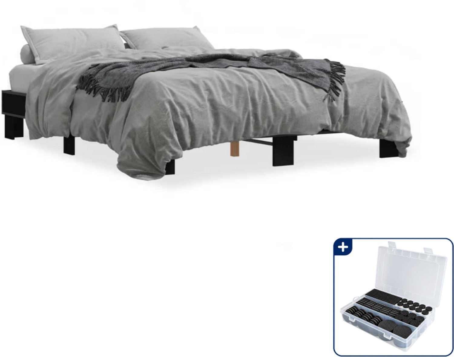 vidaXL bedframe - 150 x 200 cm - bewerkt hout en metaal - zwart - Inclusief antikrasvilt 177-delig Bruin