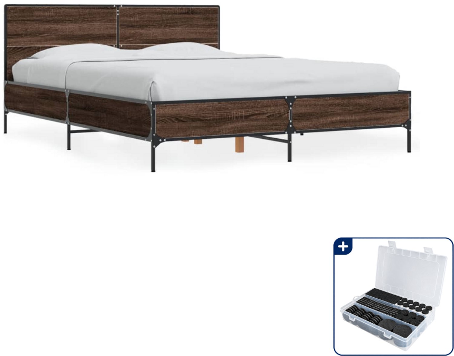 vidaXL bedframe - 140 x 190 cm - bewerkt hout en metaal - bruineiken - Inclusief antikrasvilt 177-delig Wit