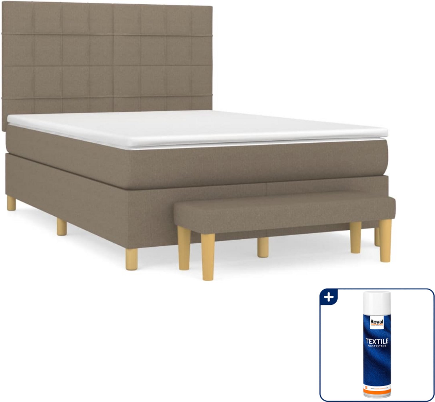 vidaXL boxspring met matras en bankje - 140 x 190 cm - taupe - Inclusief textielbeschermer 500 ml