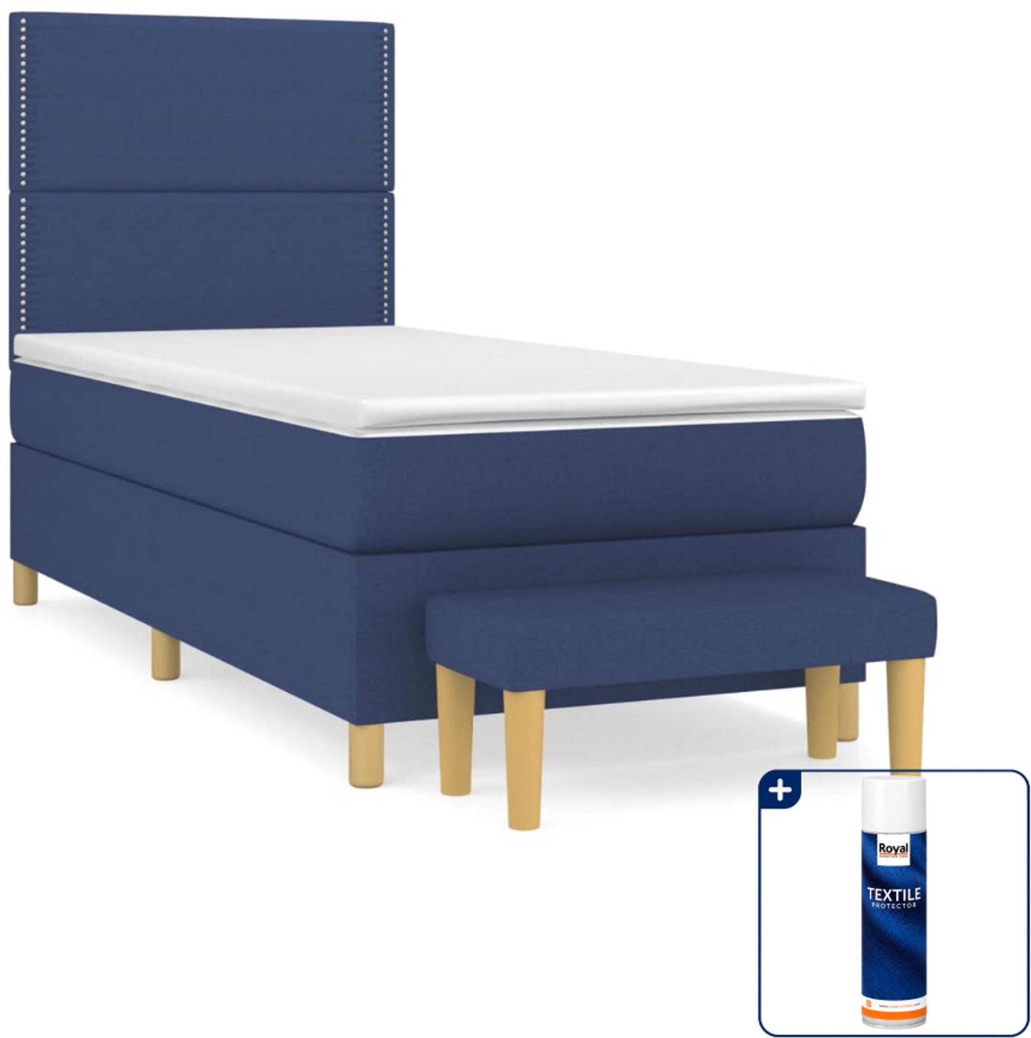 vidaXL boxspring met matras en bankje - 90 x 190 cm - blauw - Inclusief textielbeschermer 500 ml