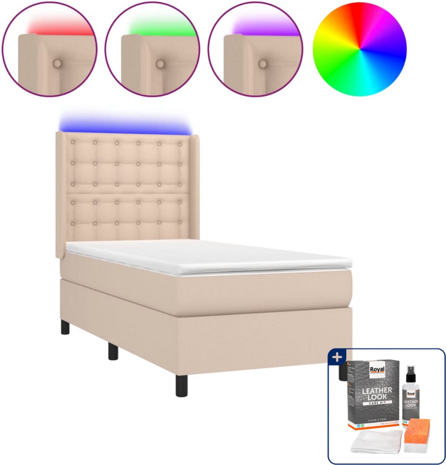 vidaXL boxspring met matras en led - 100 x 200 cm - cappuccino - Inclusief onderhoudsset voor kunstleer 150 ml Bruin