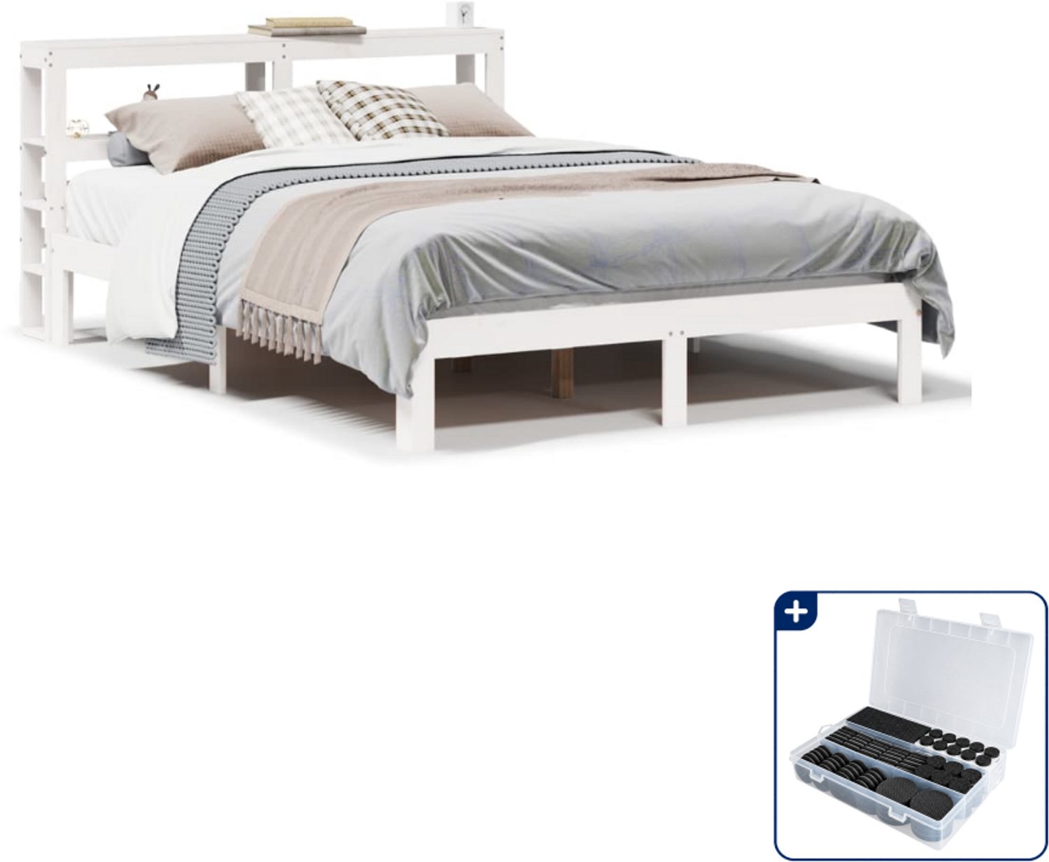 vidaXL bedframe met hoofdbord - 150 x 200 cm - massief grenenhout - wit - Inclusief antikrasvilt 177-delig Bruin
