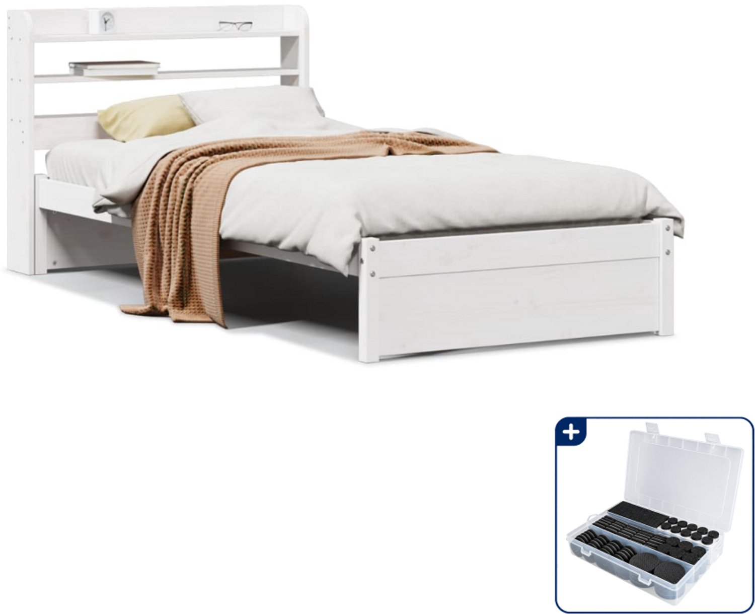vidaXL bedframe met hoofdbord - 75 x 190 cm - massief grenenhout - wit - Inclusief antikrasvilt 177-delig Bruin