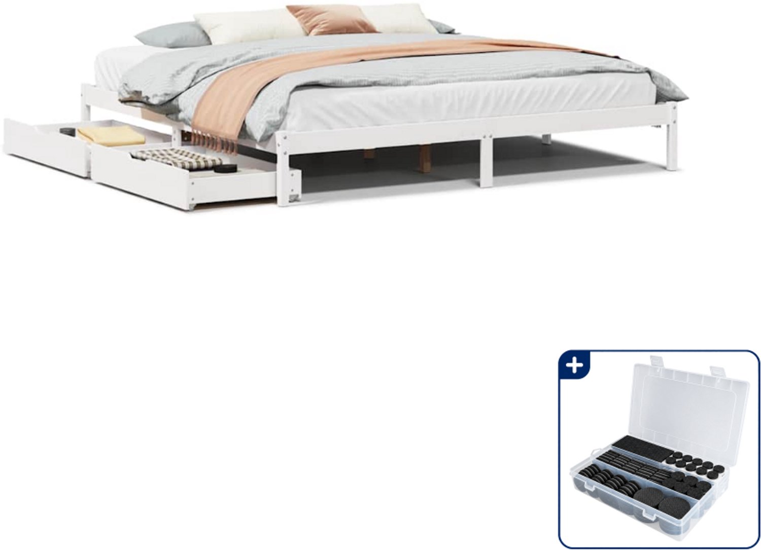 vidaXL Bedframe Kingsize - 180 x 200 cm - massief grenenhout - wit - Inclusief antikrasvilt 177-delig Bruin
