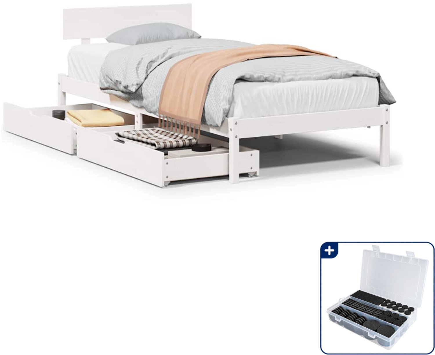 vidaXL bedframe met 2 lades - 75 x 190 cm - massief grenenhout - wit - Inclusief antikrasvilt 177-delig