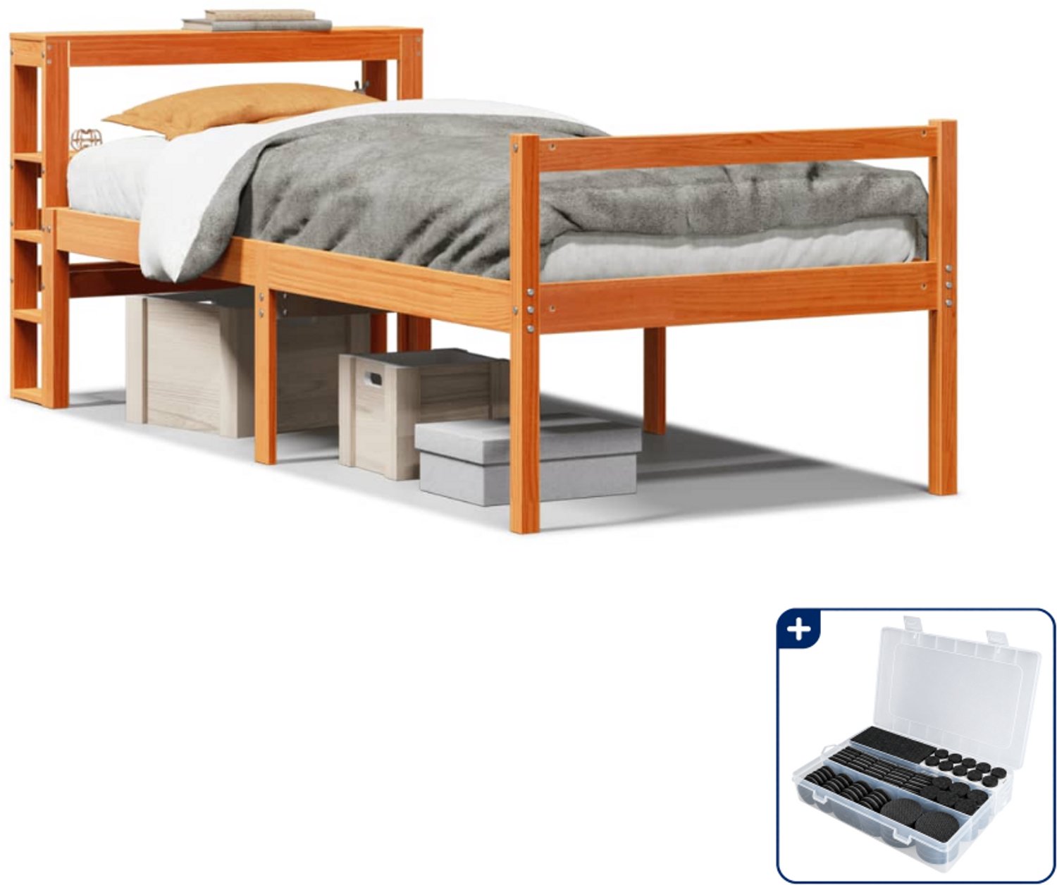 vidaXL bedframe - 75 x 190 cm - massief grenenhout - wasbruin - Inclusief antikrasvilt 177-delig Wit