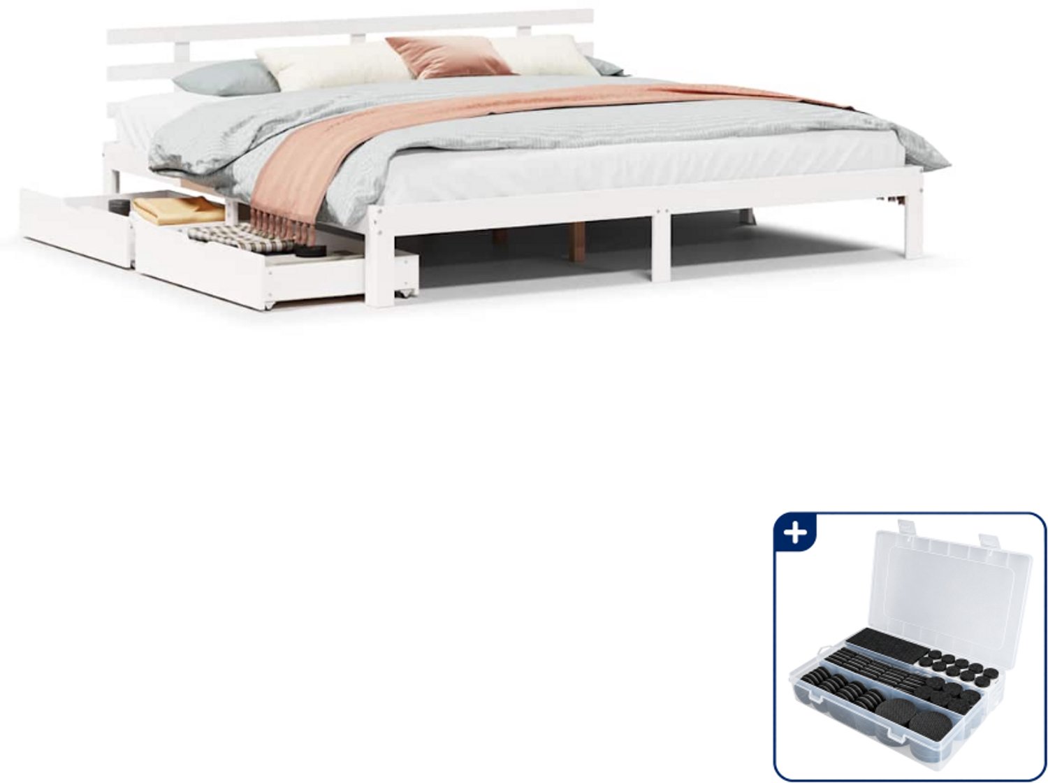 vidaXL bedframe met lades - Kingsize - 180 x 200 cm - grenenhout - wit - Inclusief antikrasvilt 177-delig Bruin