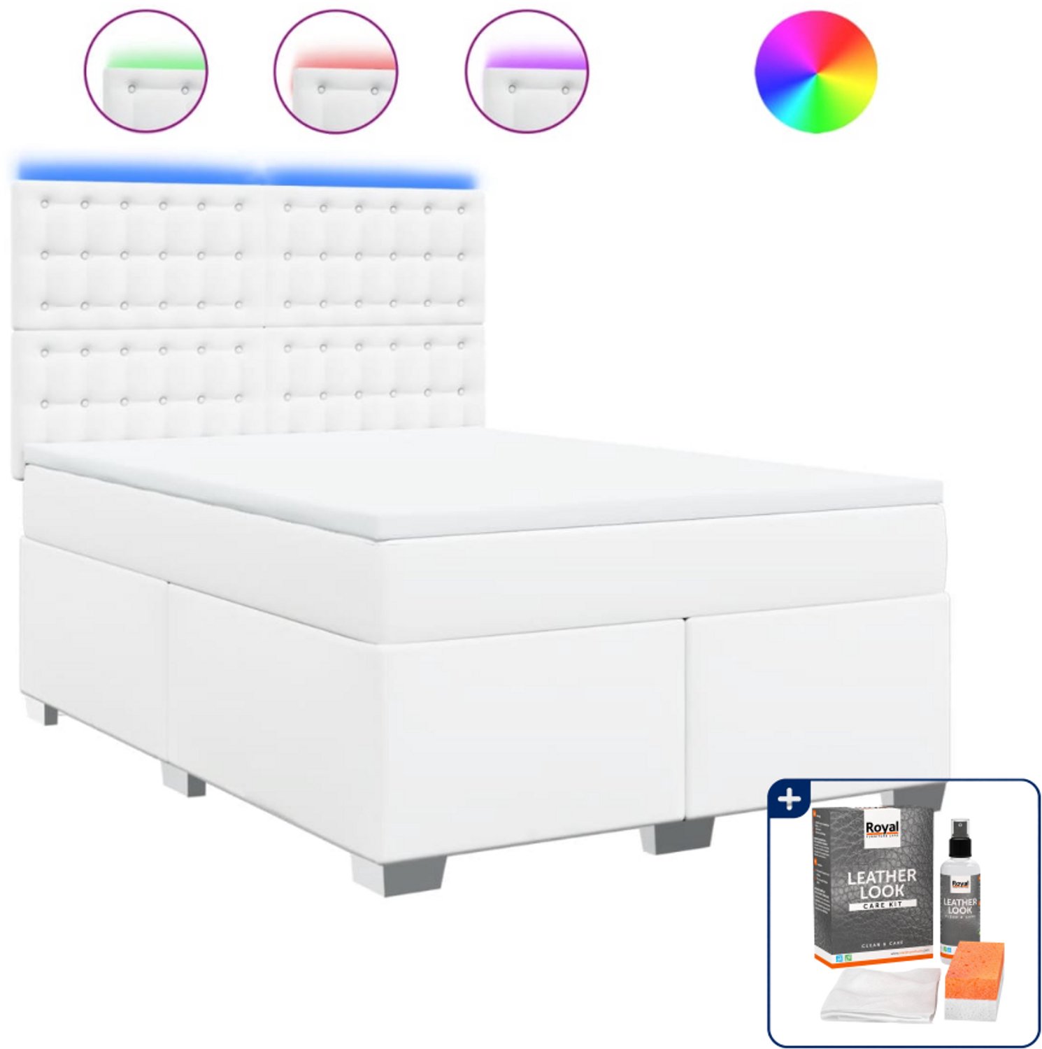 vidaXL boxspring met matras - Small double - 140 x 200 cm - wit - Inclusief onderhoudsset voor kunstleer 150 ml