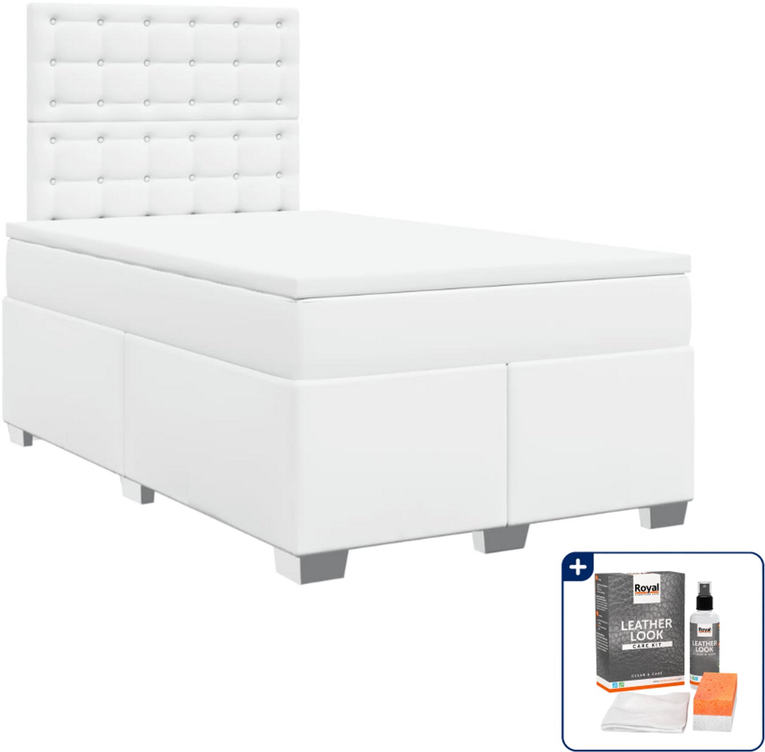 vidaXL boxspring met matras 120 x 190 cm - kunstleer - wit - Inclusief onderhoudsset voor kunstleer 150 ml