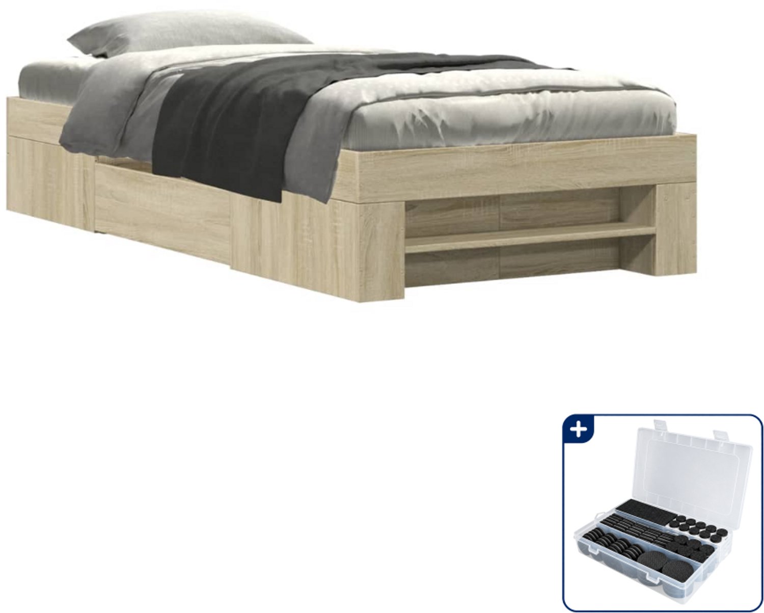 vidaXL bedframe - 90 x 200 cm - bewerkt hout - sonoma eiken - Inclusief antikrasvilt 177-delig Bruin