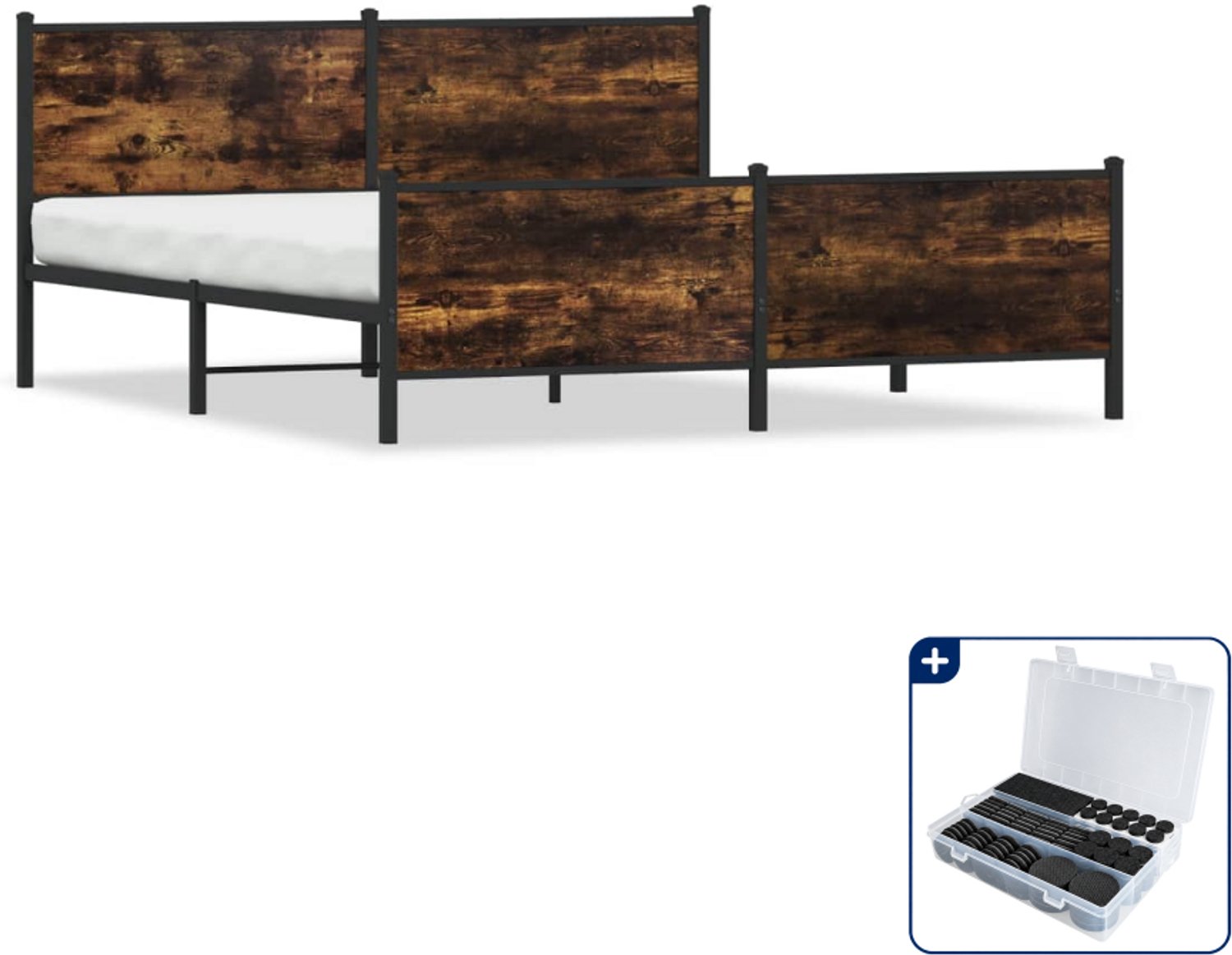 vidaXL bedframe - 193 x 203 cm - staal en bewerkt hout - gerookt eiken - Inclusief antikrasvilt 177-delig Wit