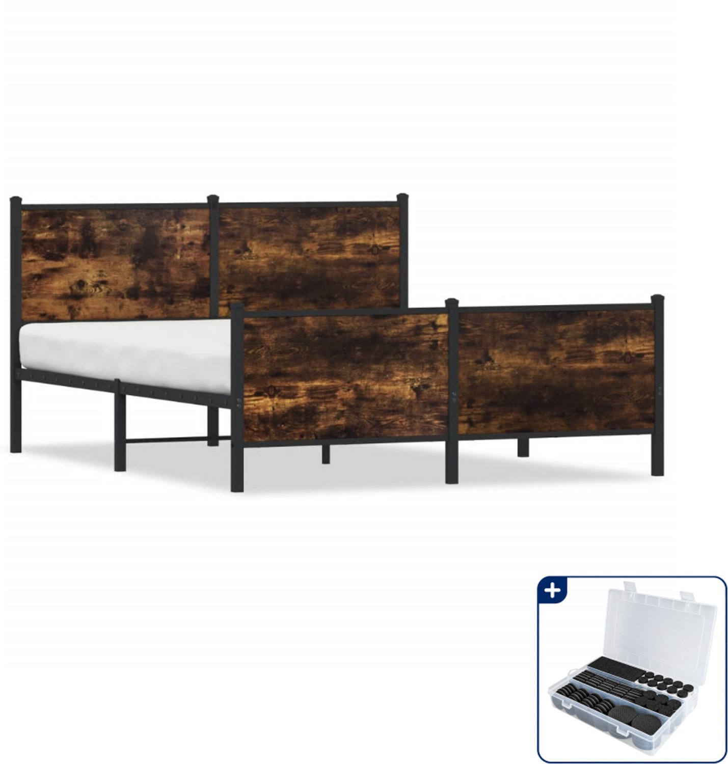 vidaXL bedframe - 140 x 190 cm - staal en bewerkt hout - gerookt eiken - Inclusief antikrasvilt 177-delig
