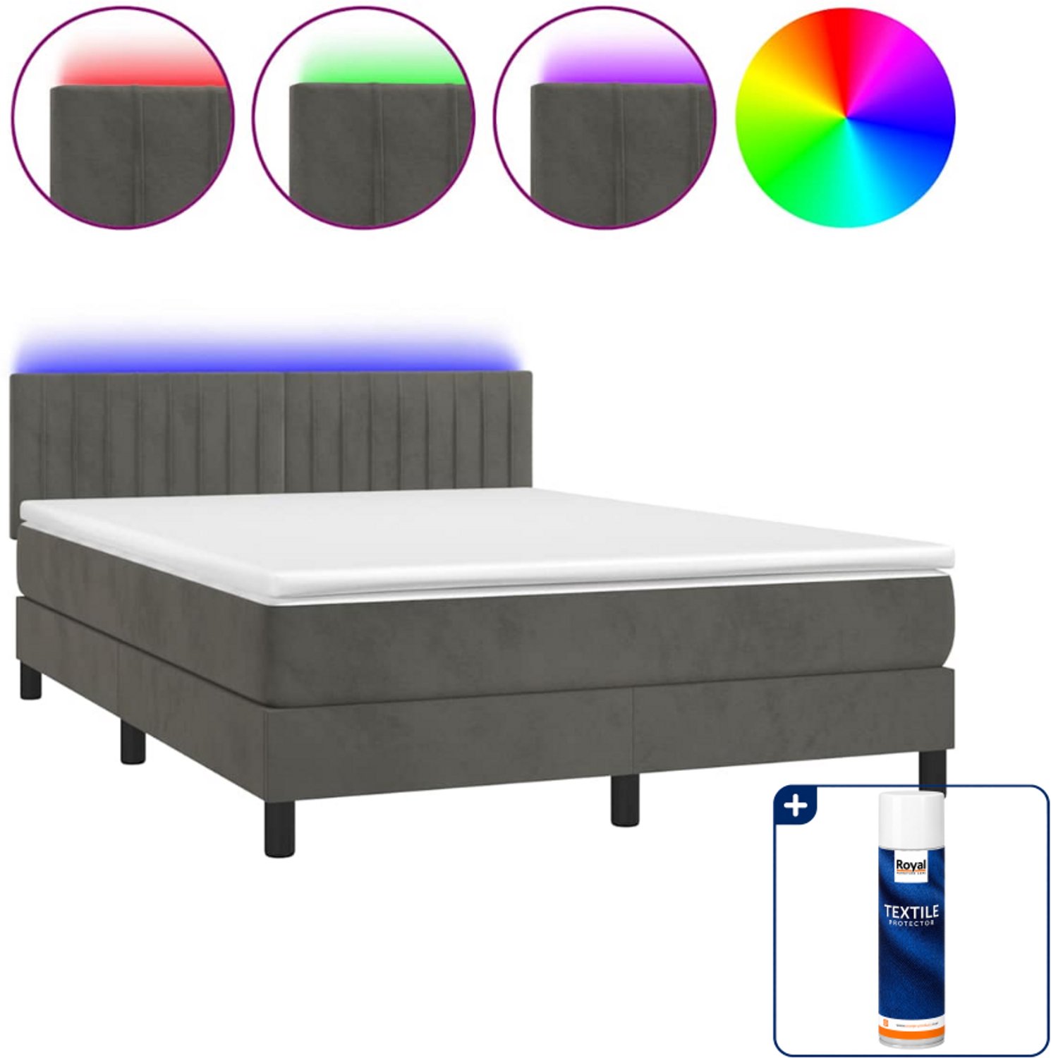 vidaXL boxspring met matras en led - 140 x 190 cm - fluweel - donkergrijs - Inclusief textielbeschermer 500 ml