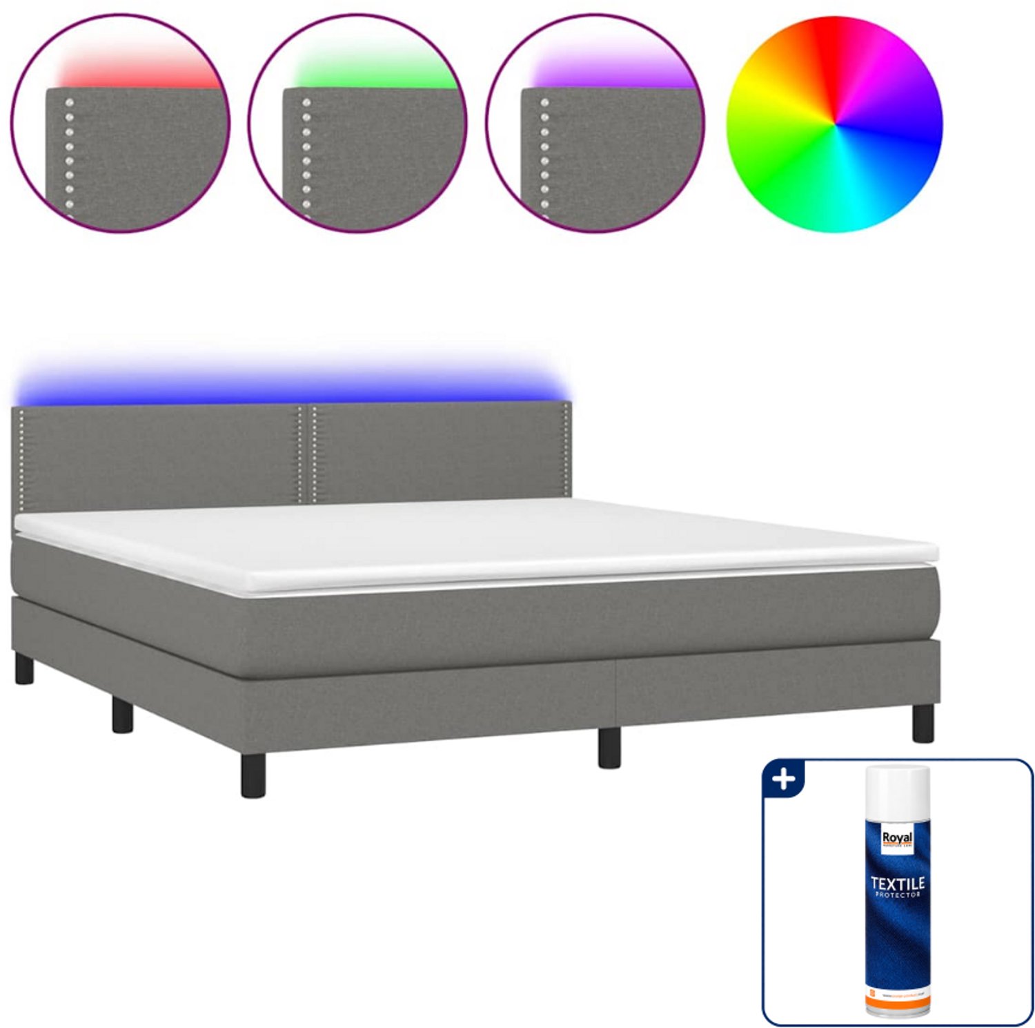 vidaXL Kingsize boxspring met matras en LED - 180 x 200 cm - donkergrijs - Inclusief textielbeschermer 500 ml