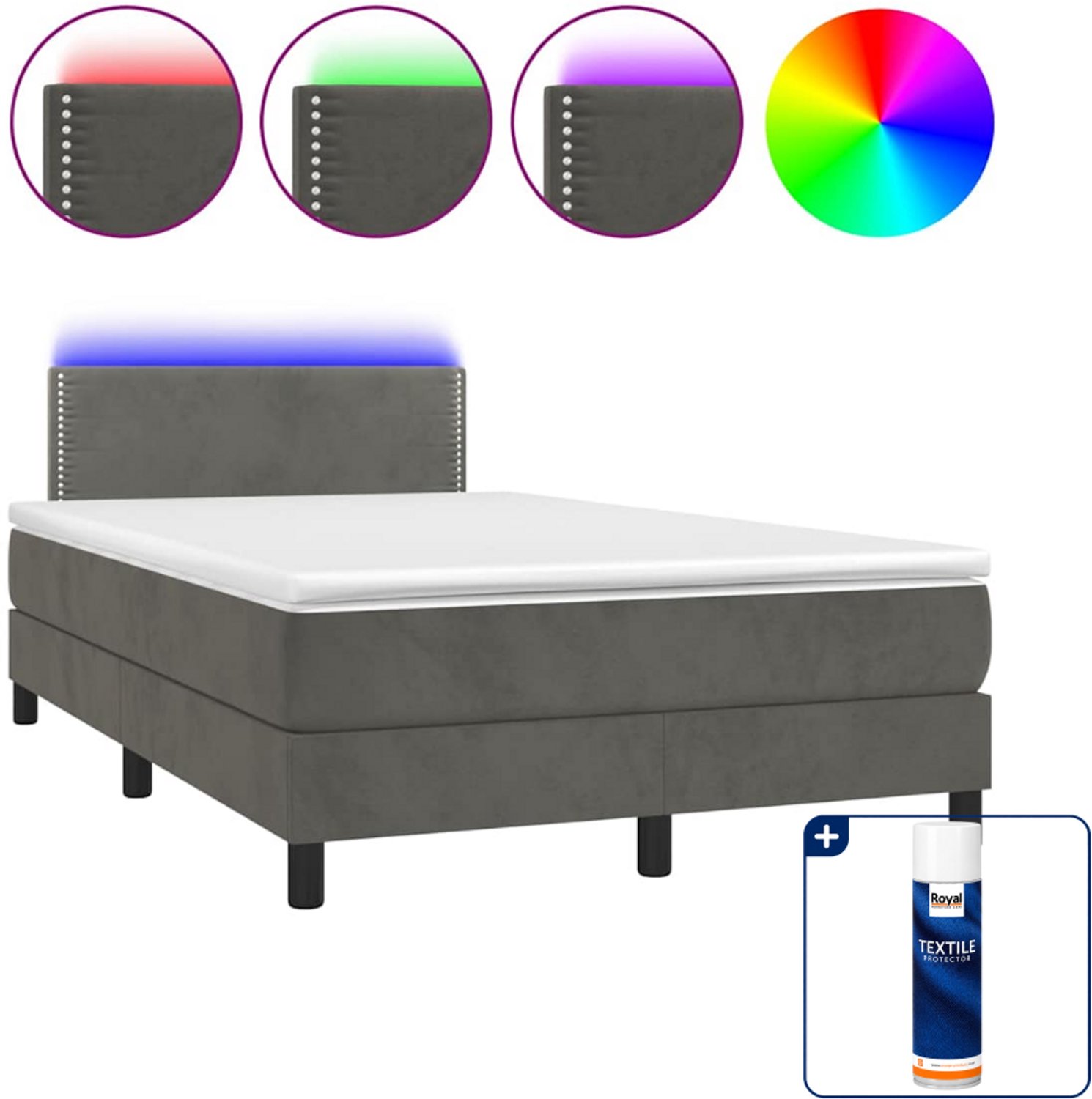 vidaXL boxspring met matras en LED - 120 x 200 cm - fluweel - donkergrijs - Inclusief textielbeschermer 500 ml