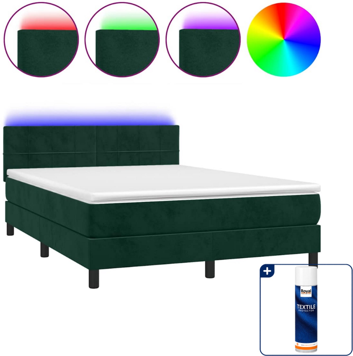 vidaXL boxspring met matras en led - 140 x 190 cm - fluweel - donkergroen - Inclusief textielbeschermer 500 ml