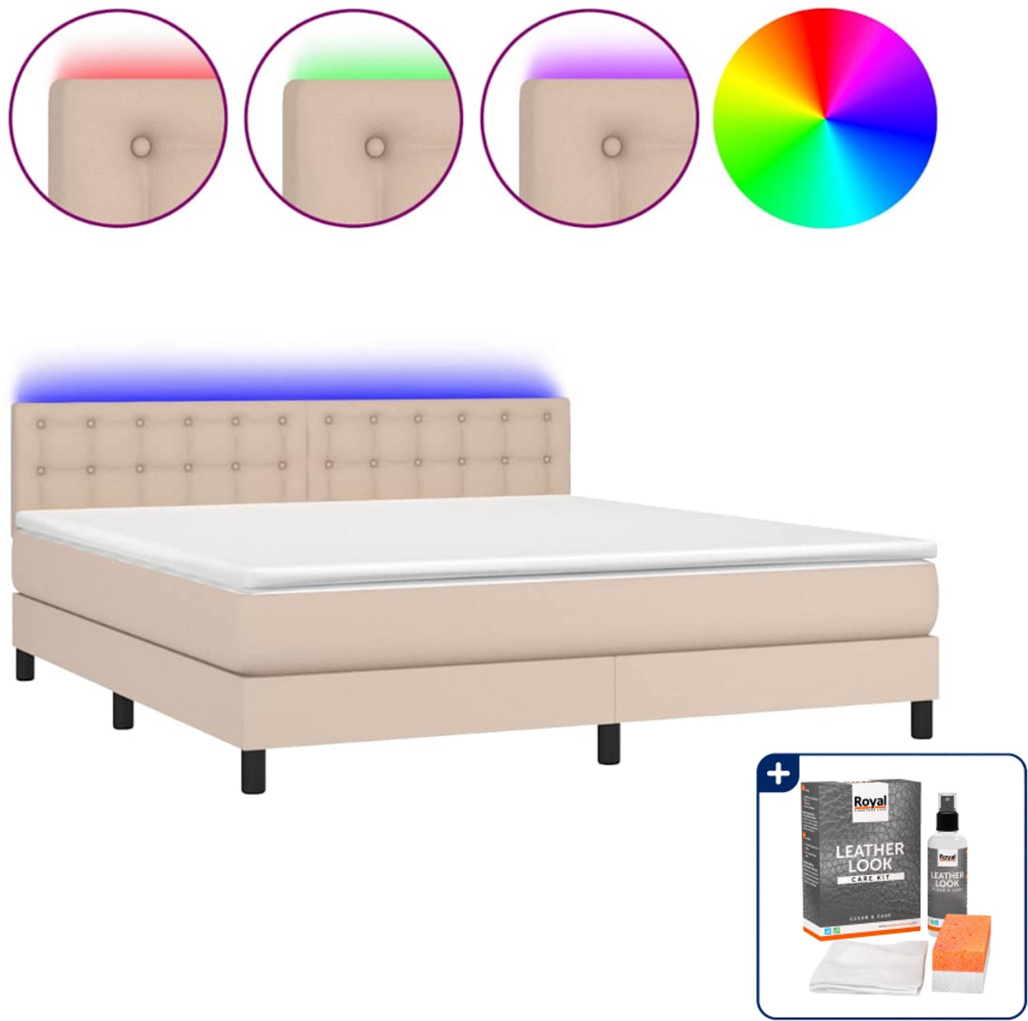 vidaXL Queensize boxspring met matras en LED - 160 x 200 cm - cappuccino - Inclusief onderhoudsset voor kunstleer 150 ml Bruin