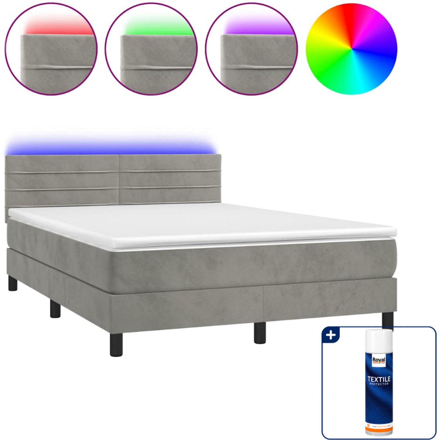 vidaXL boxspring met matras en LED - 140 x 190 cm - fluweel - lichtgrijs - Inclusief textielbeschermer 500 ml
