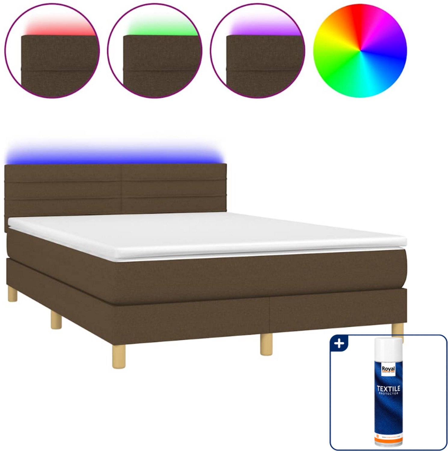 vidaXL boxspring met matras en led - 140 x 190 cm - donkerbruin - Inclusief textielbeschermer 500 ml