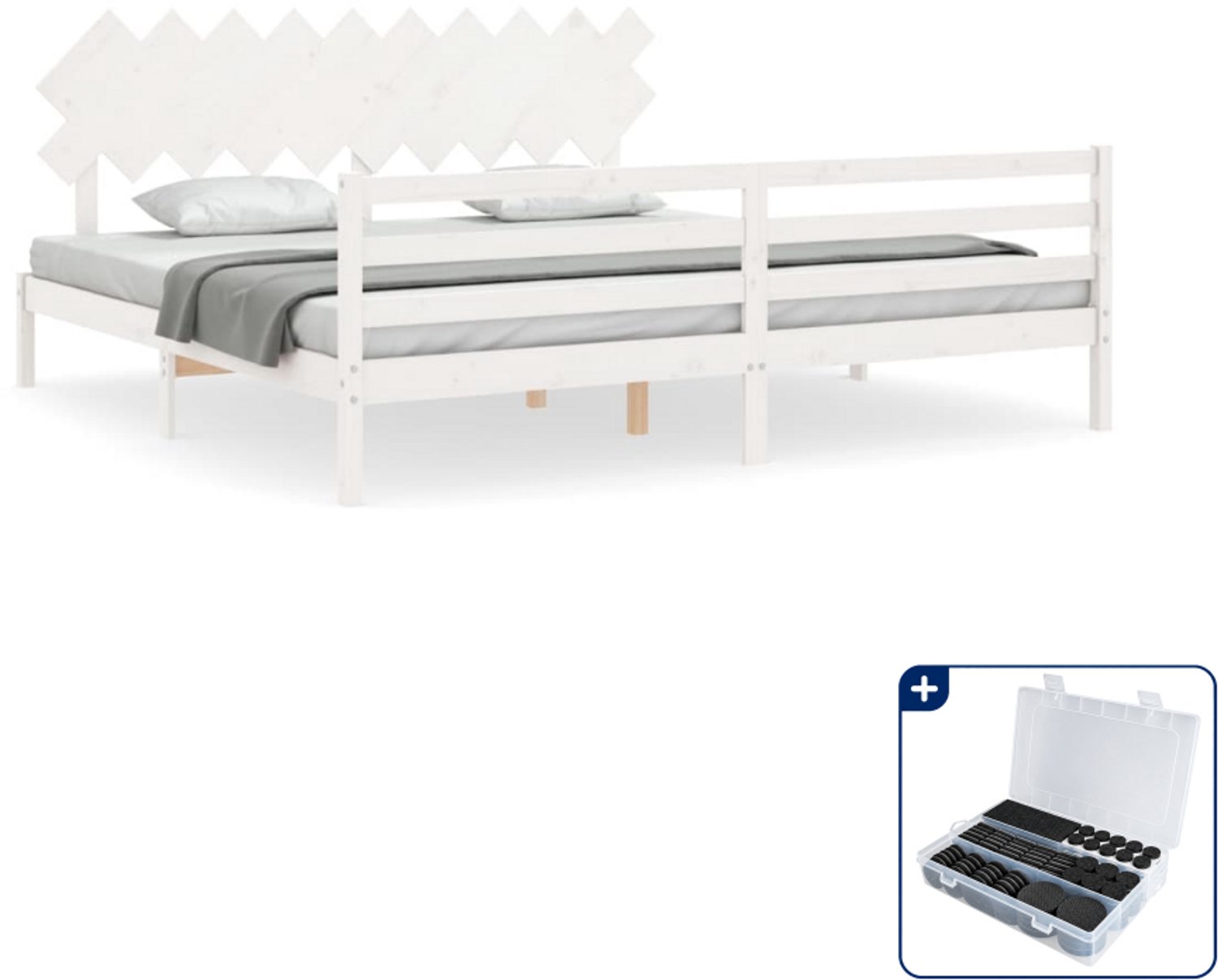 vidaXL bedframe met hoofdbord - 200 x 200 cm - massief grenenhout - wit - Inclusief antikrasvilt 177-delig