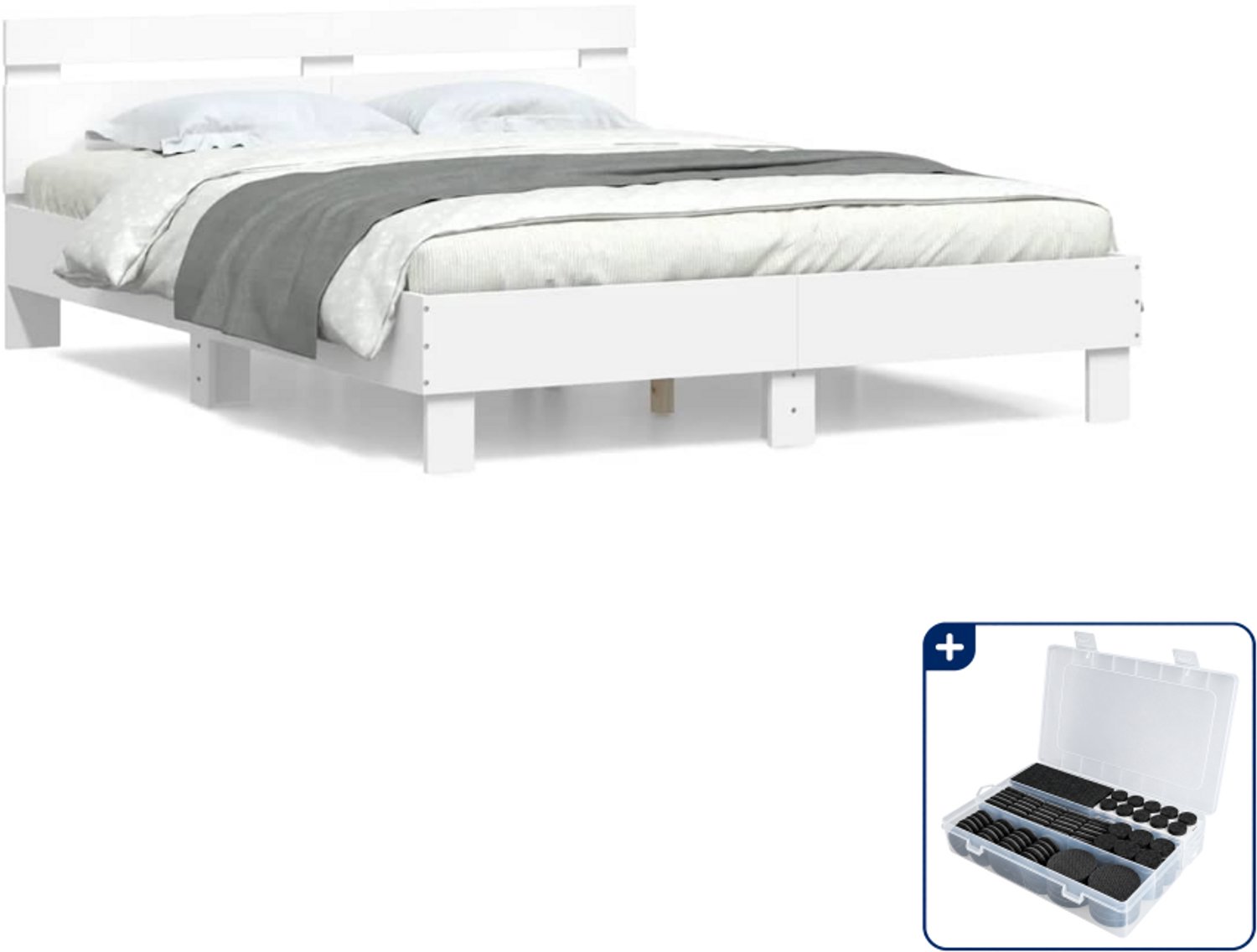 vidaXL bedframe met hoofdeinde - 150 x 200 cm - bewerkt hout - wit - Inclusief antikrasvilt 177-delig Grijs