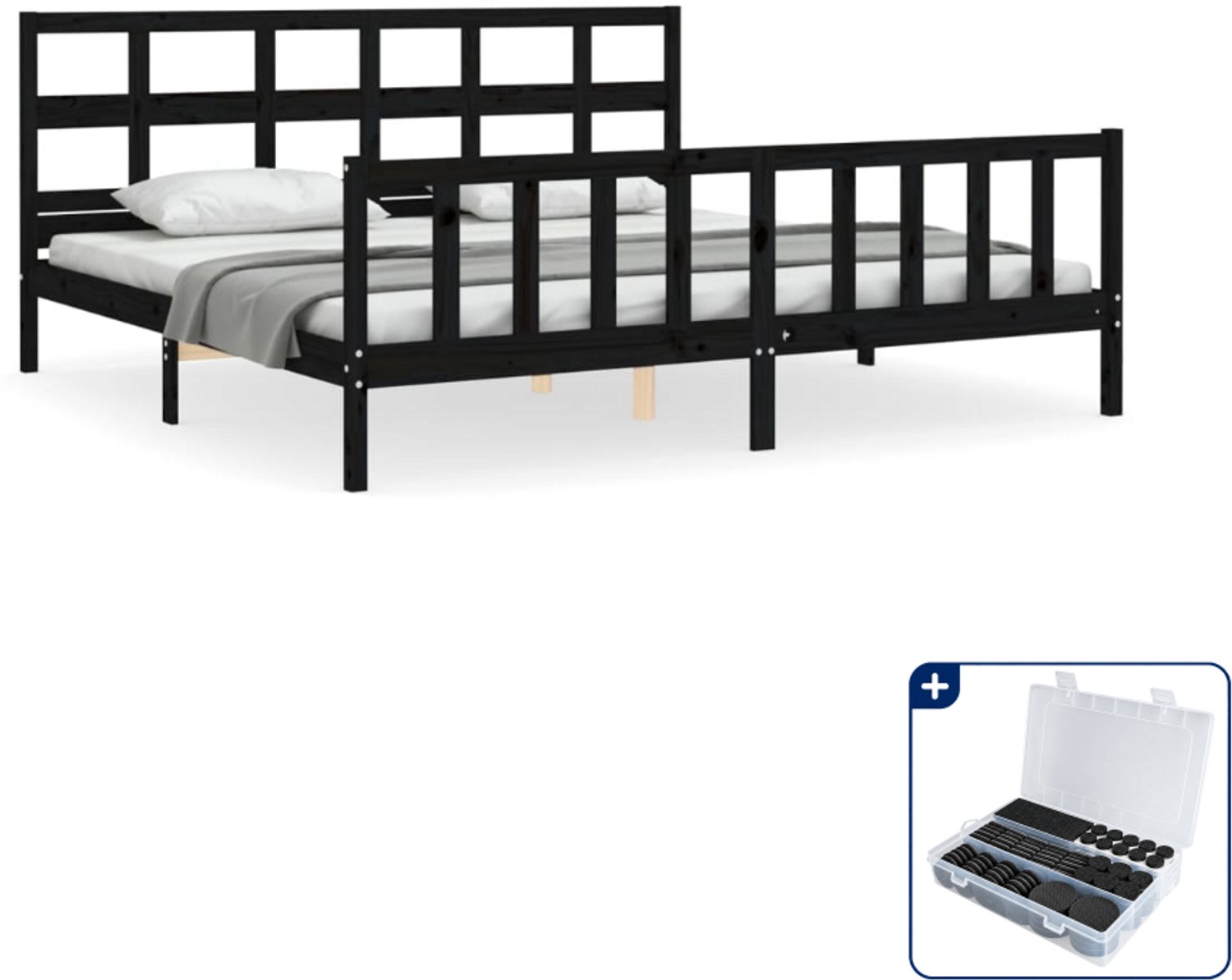 vidaXL bedframe met hoofdbord - 200 x 200 cm - massief grenenhout - zwart - Inclusief antikrasvilt 177-delig