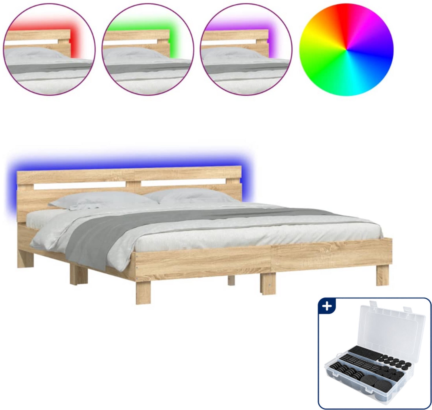 vidaXL Bedframe met hoofdeinde en LED - Kingsize - 180 x 200 cm - sonoma eiken - Inclusief antikrasvilt 177-delig Zwart