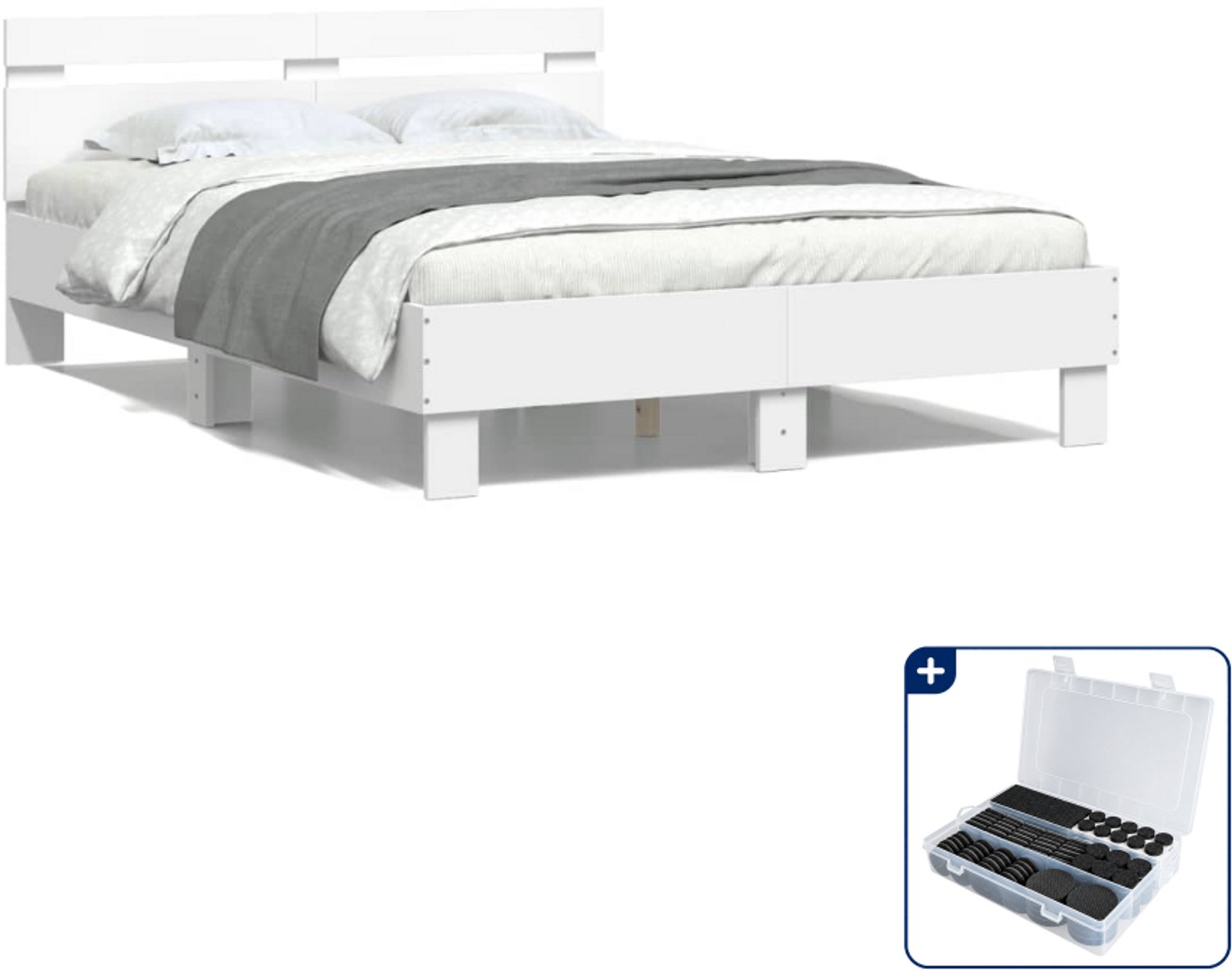 vidaXL bedframe - 135 x 190 cm - bewerkt hout - wit - Inclusief antikrasvilt 177-delig Zwart
