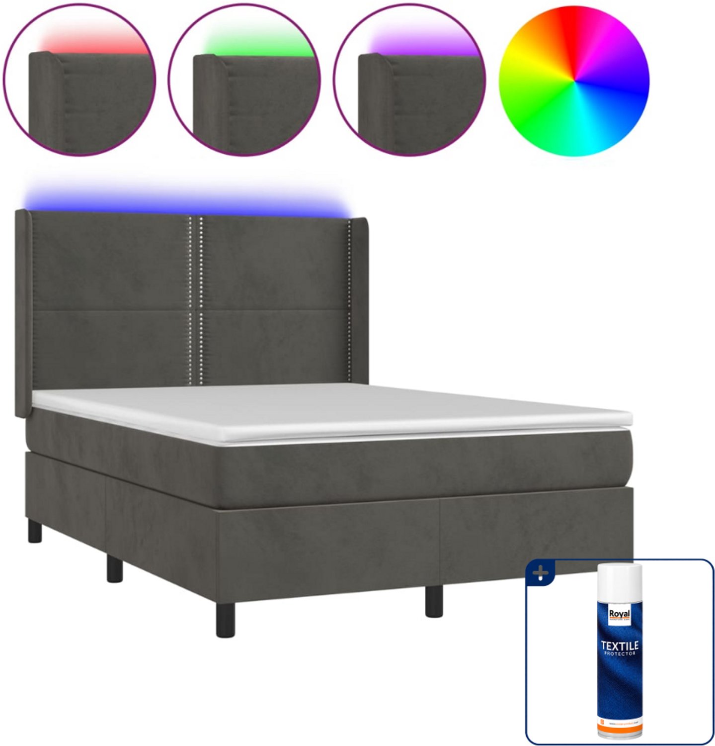 vidaXL boxspring met matras en led - 140 x 190 cm - fluweel - donkergrijs - Inclusief textielbeschermer 500 ml
