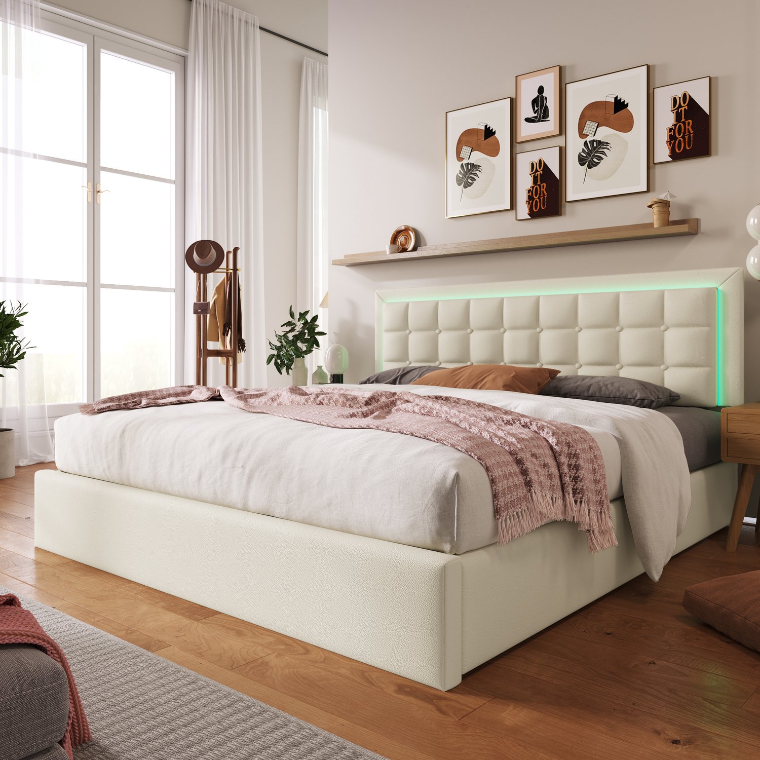 MUVANO Opbergbed - Tweepersoonsbed met lattenbodem - Ledverlichting en hydraulisch hefmechanisme - Kunstleer - 160 x 200 cm - Voor de slaapkamer wit